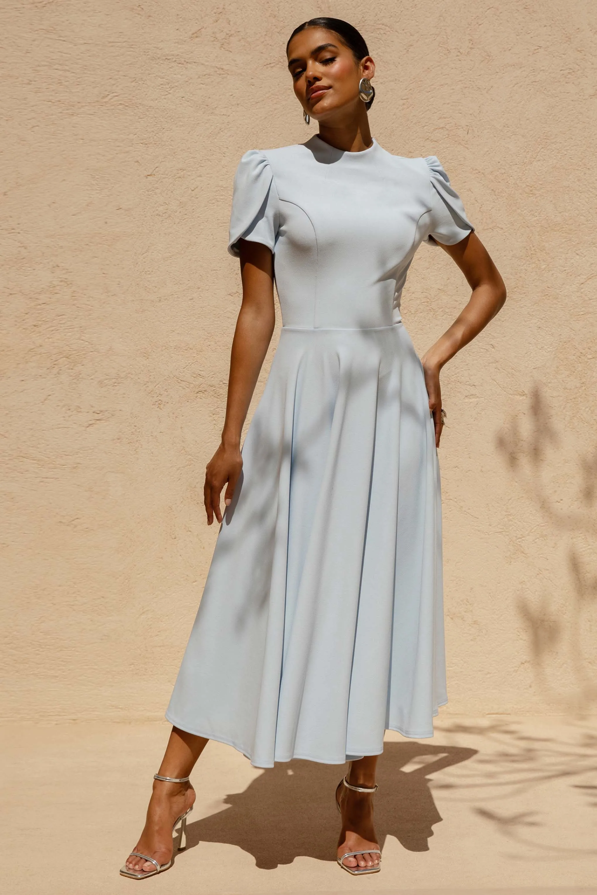 Vicky | Powder Blue High Neck Midi Dress With Puff Sleeves sold by Club L London product image thumbnail 4