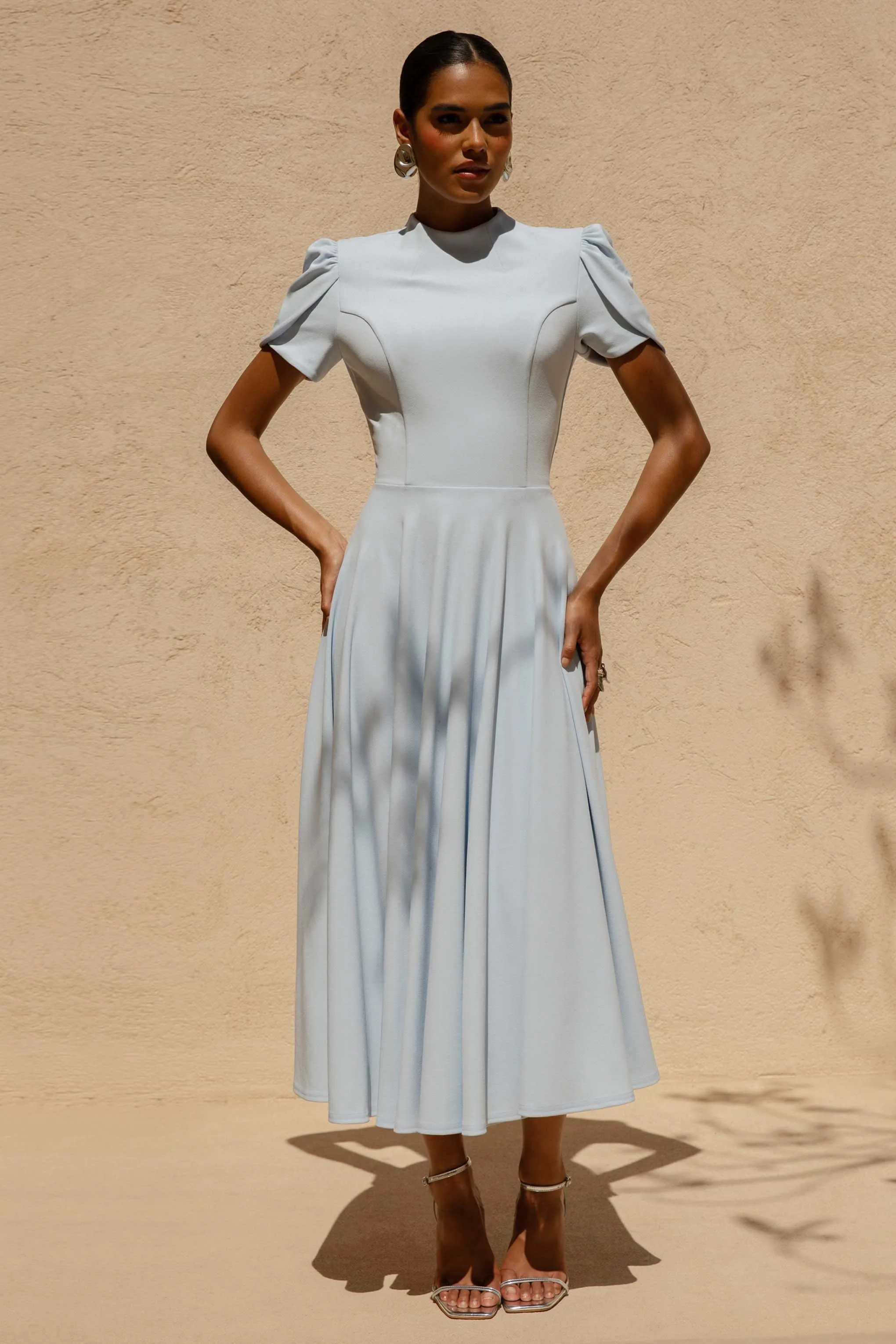 Vicky | Powder Blue High Neck Midi Dress With Puff Sleeves sold by Club L London product image thumbnail 5