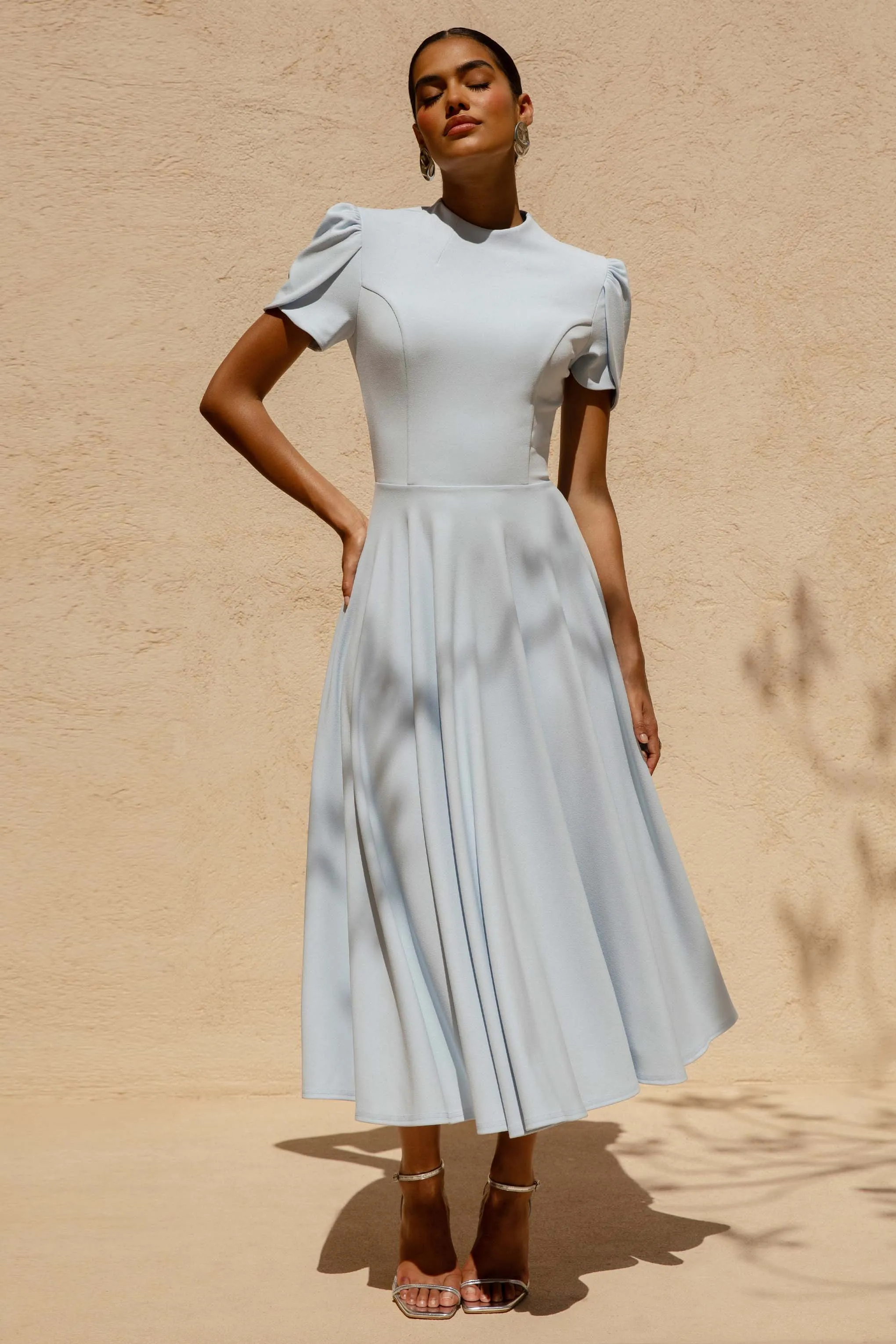 Vicky | Powder Blue High Neck Midi Dress With Puff Sleeves sold by Club L London product image thumbnail 3