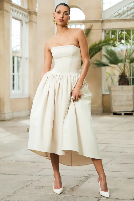 Candice | Cream Bandeau Volume Midi Dress With Back Bow Detail sold by Club L London