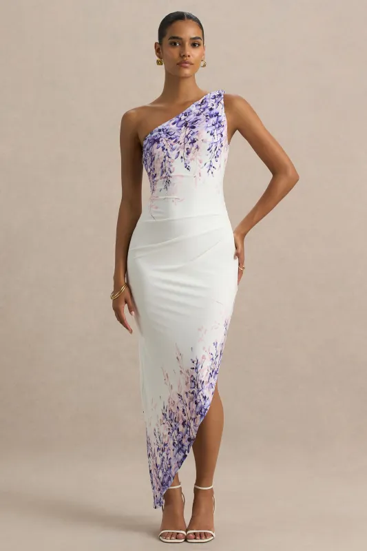 Sybil | Wisteria Floral Print Asymmetric Midi Dress sold by Club L London