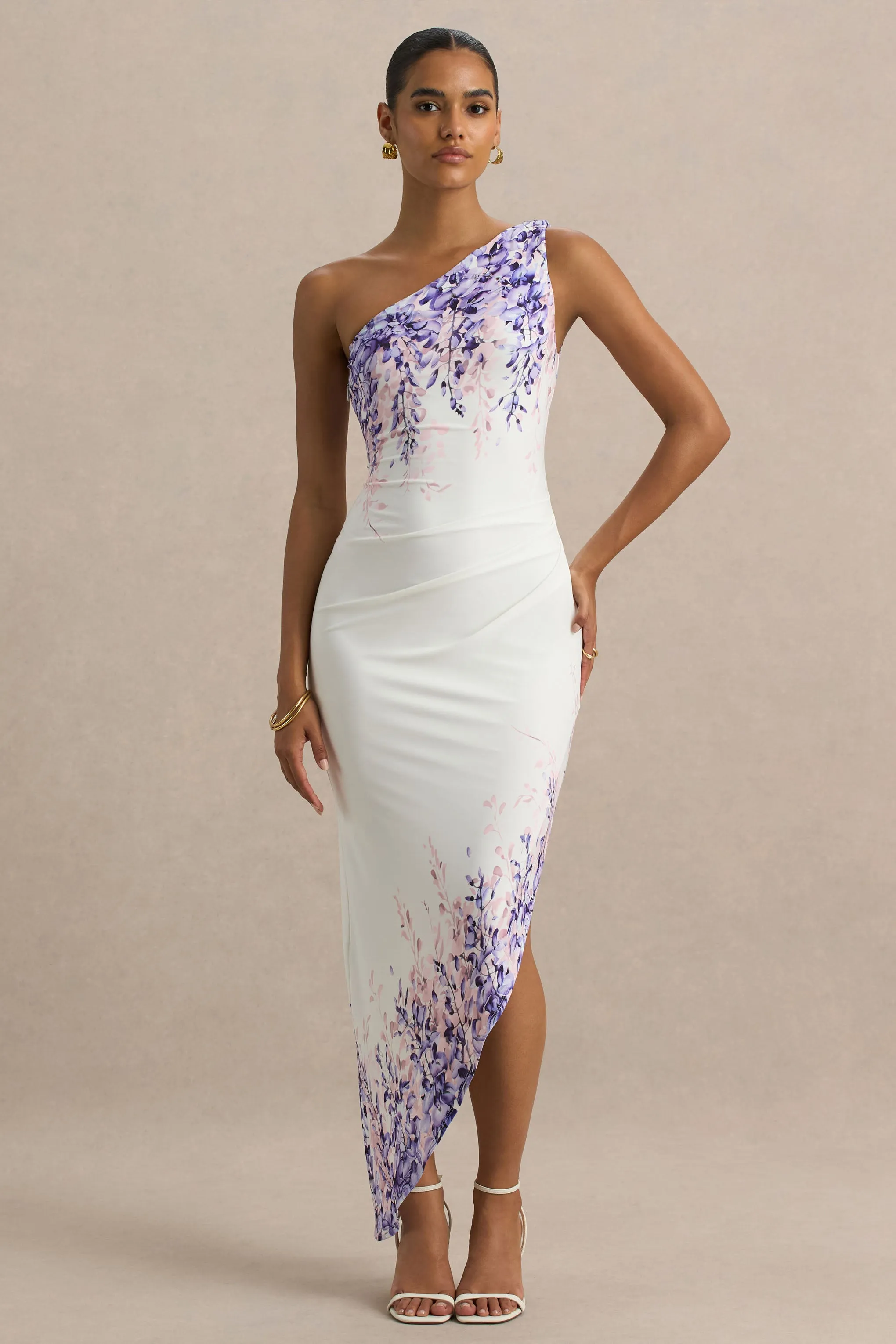 Sybil | Wisteria Floral Print Asymmetric Midi Dress sold by Club L London