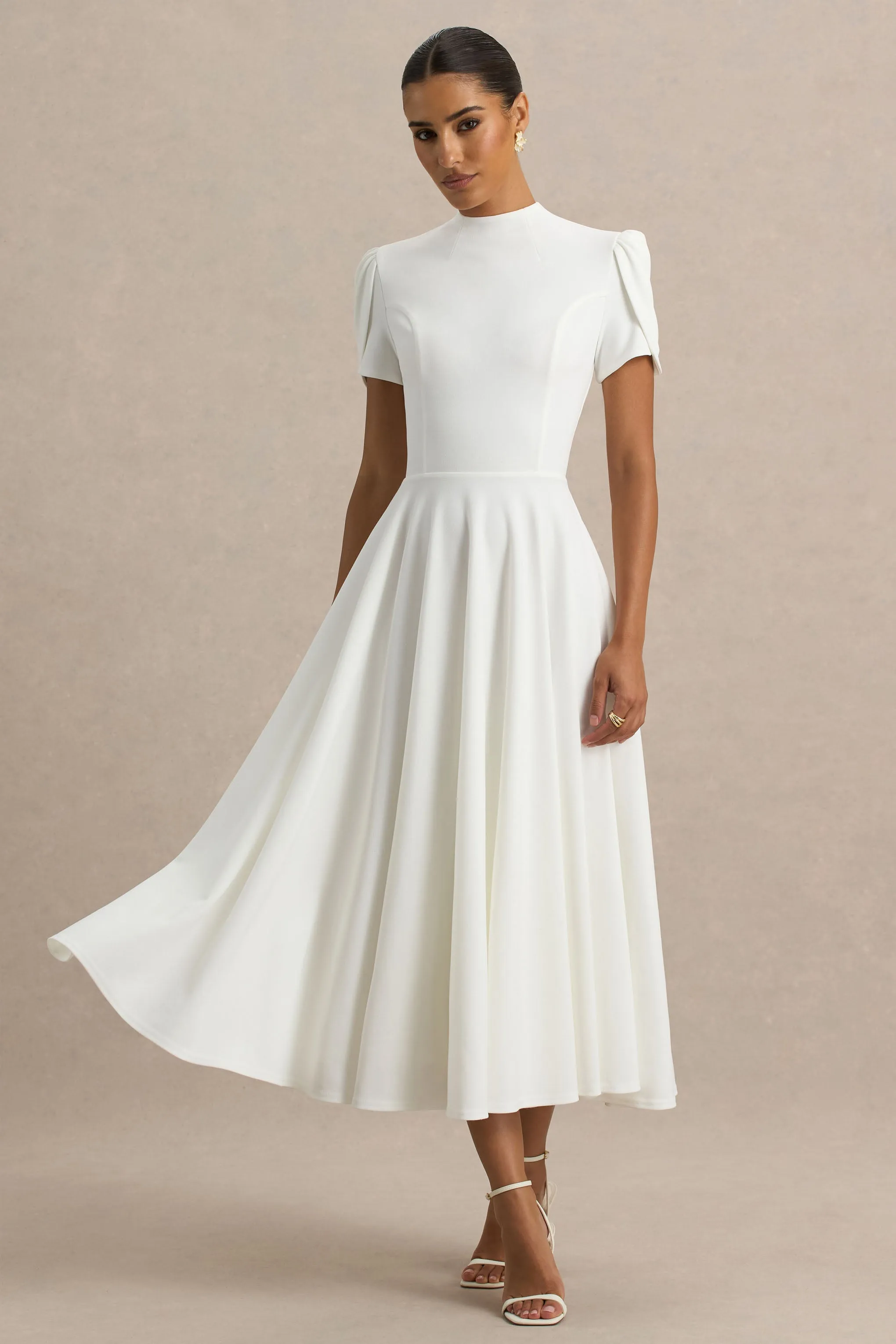 Vicky | White High Neck Midi Dress With Puff Sleeves sold by Club L London