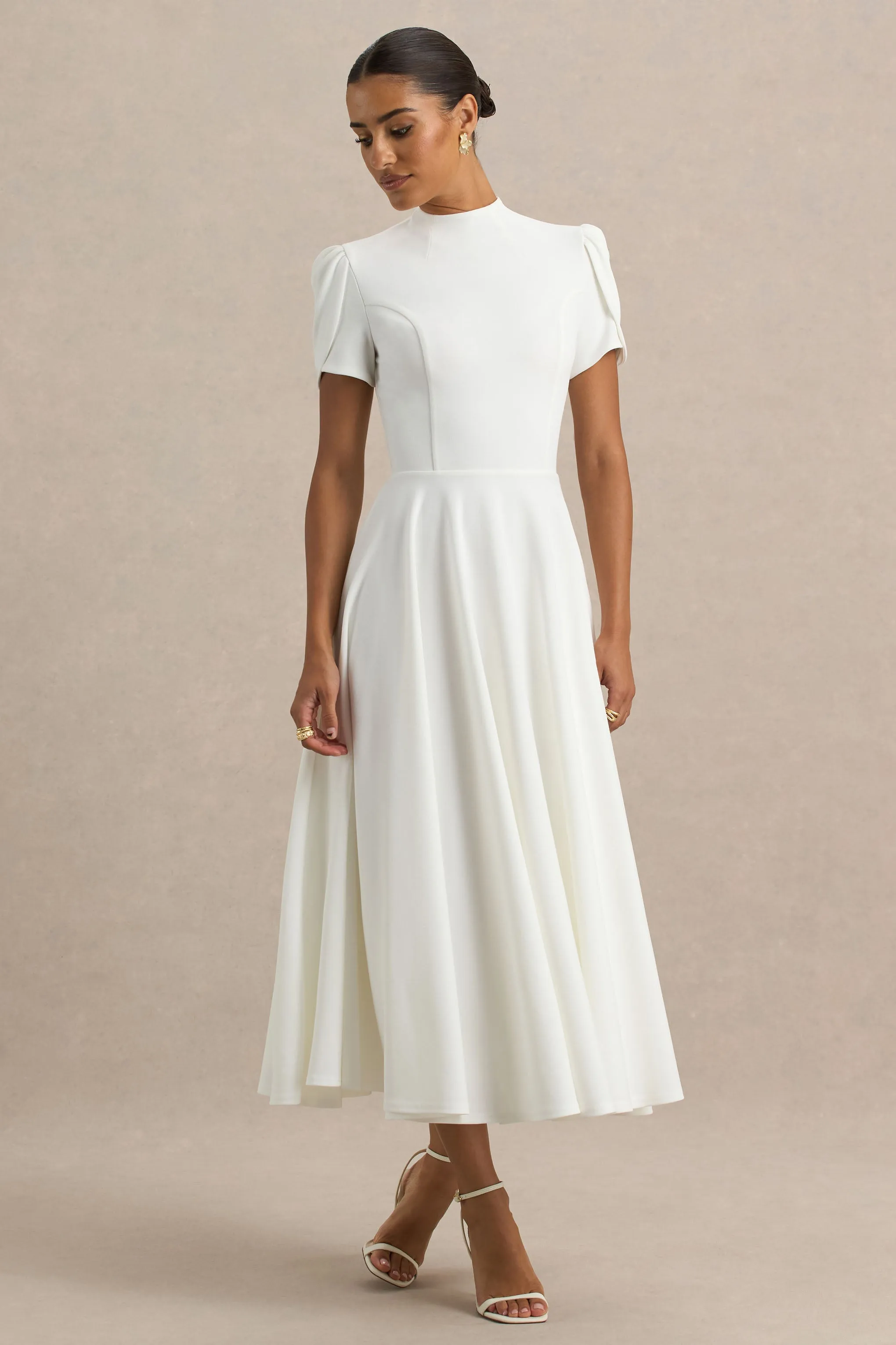 Vicky | White High Neck Midi Dress With Puff Sleeves sold by Club L London product image thumbnail 4