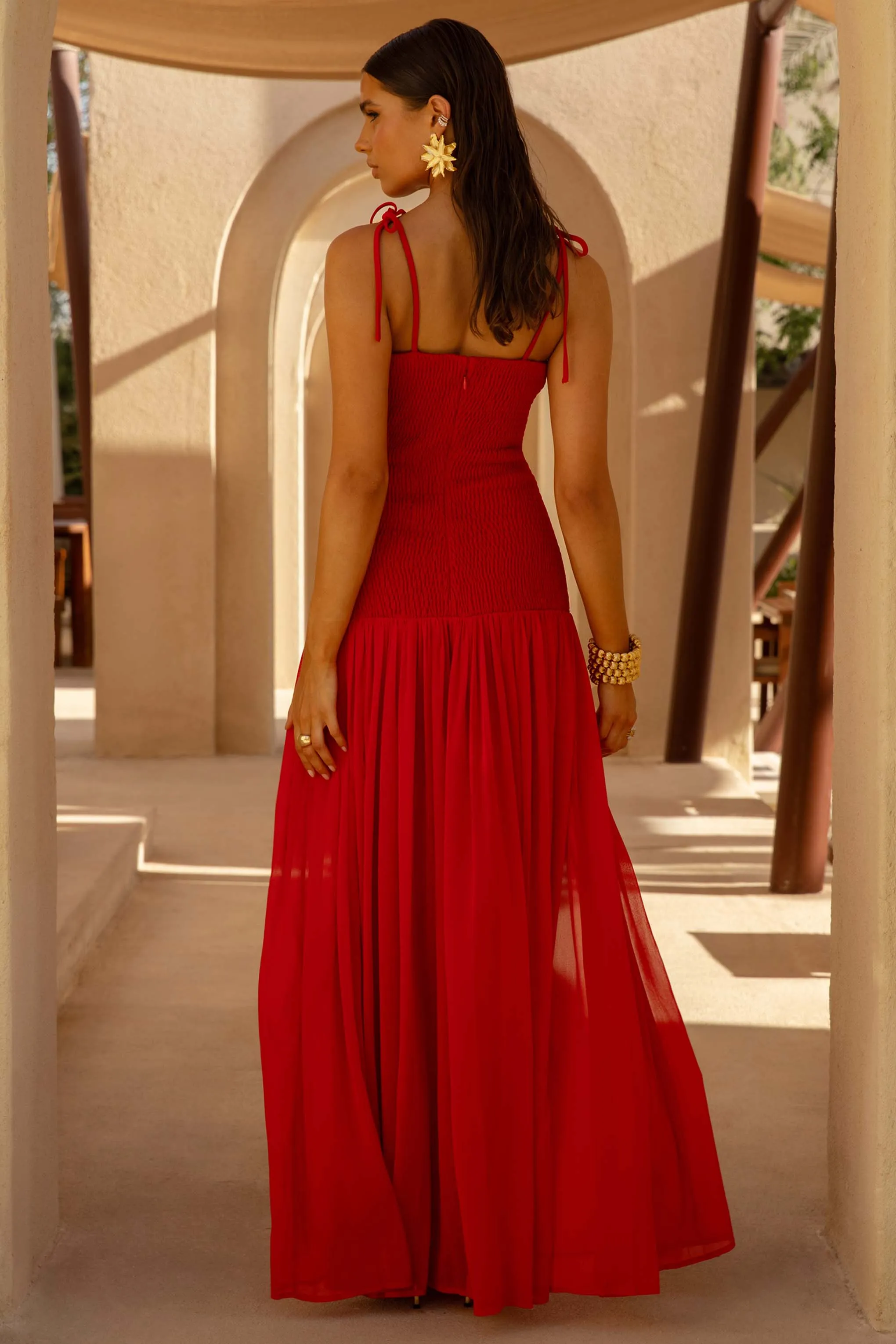 Maeva | Red Square-Neck Fishtail Maxi Dress With Ruched Detailing sold by Club L London product image thumbnail 2