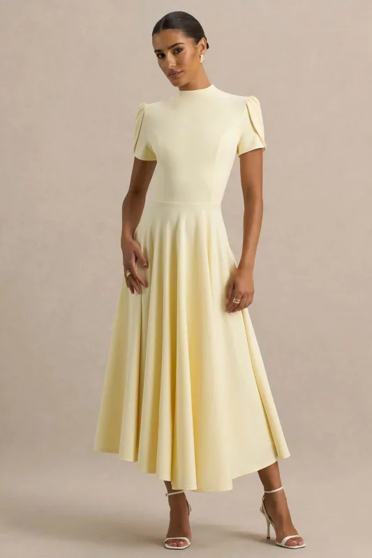 Vicky | Lemon High Neck Midi Dress With Puff Sleeves sold by Club L London