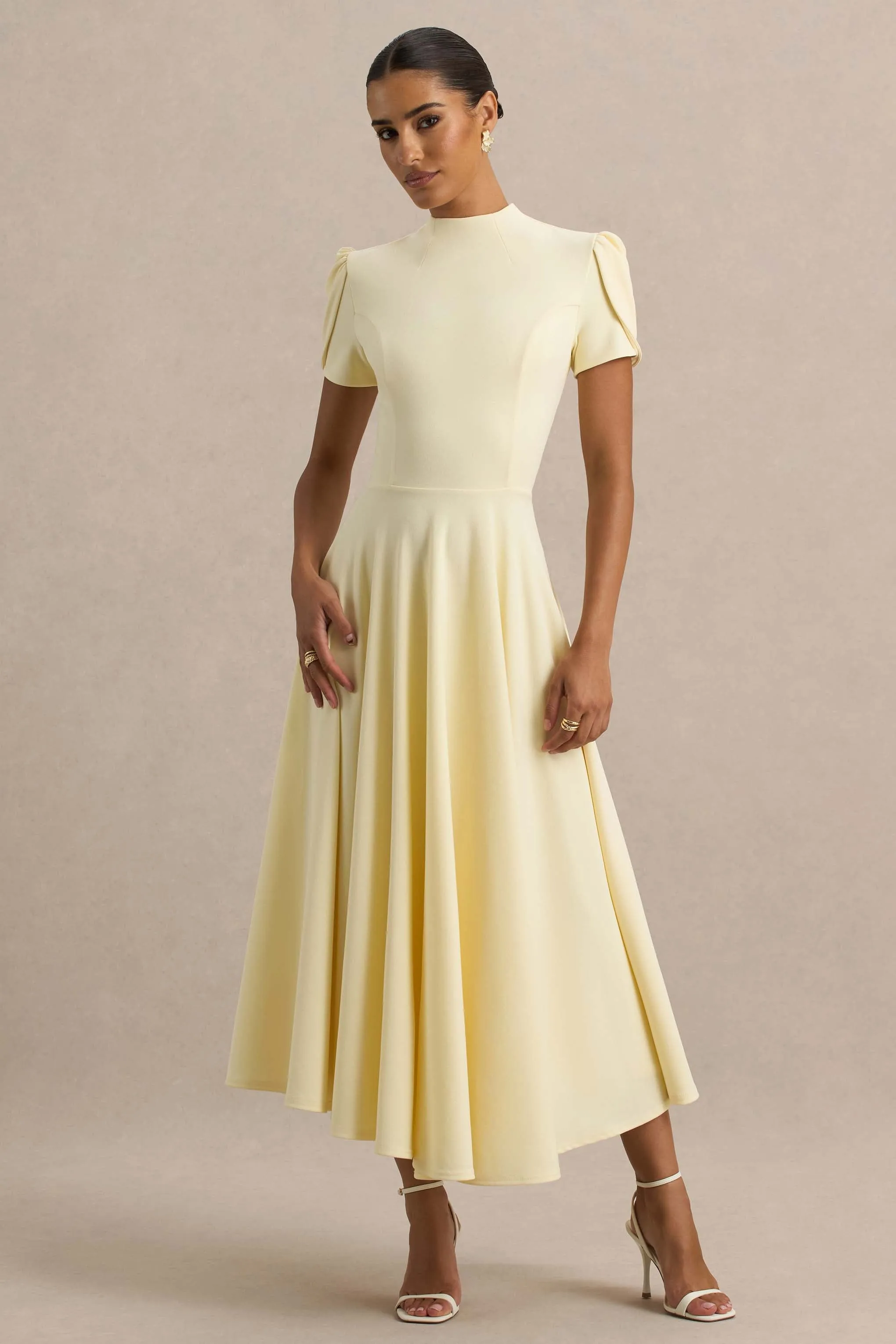 Vicky | Lemon High Neck Midi Dress With Puff Sleeves sold by Club L London