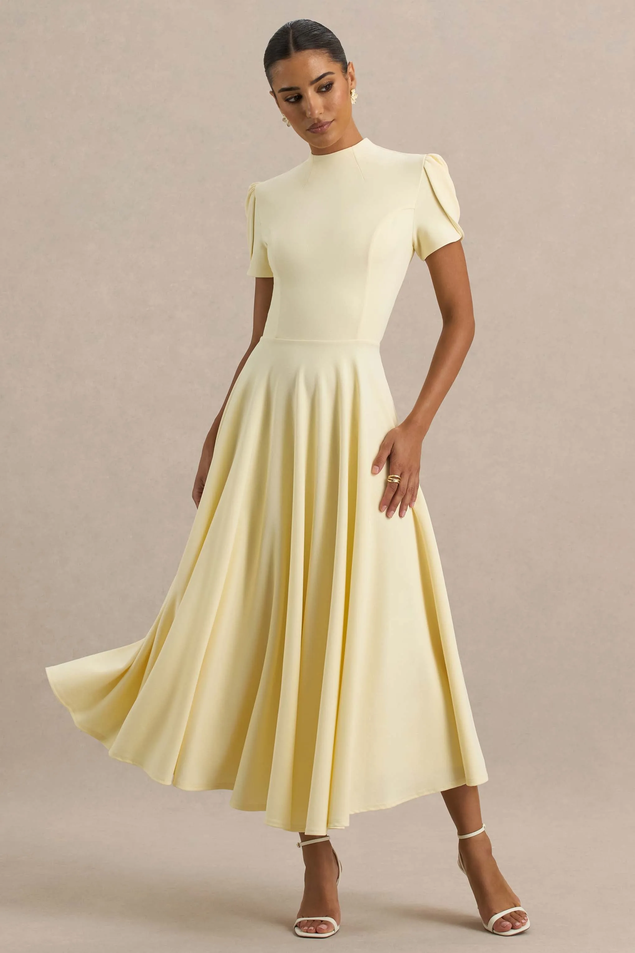Vicky | Lemon High Neck Midi Dress With Puff Sleeves sold by Club L London product image thumbnail 4