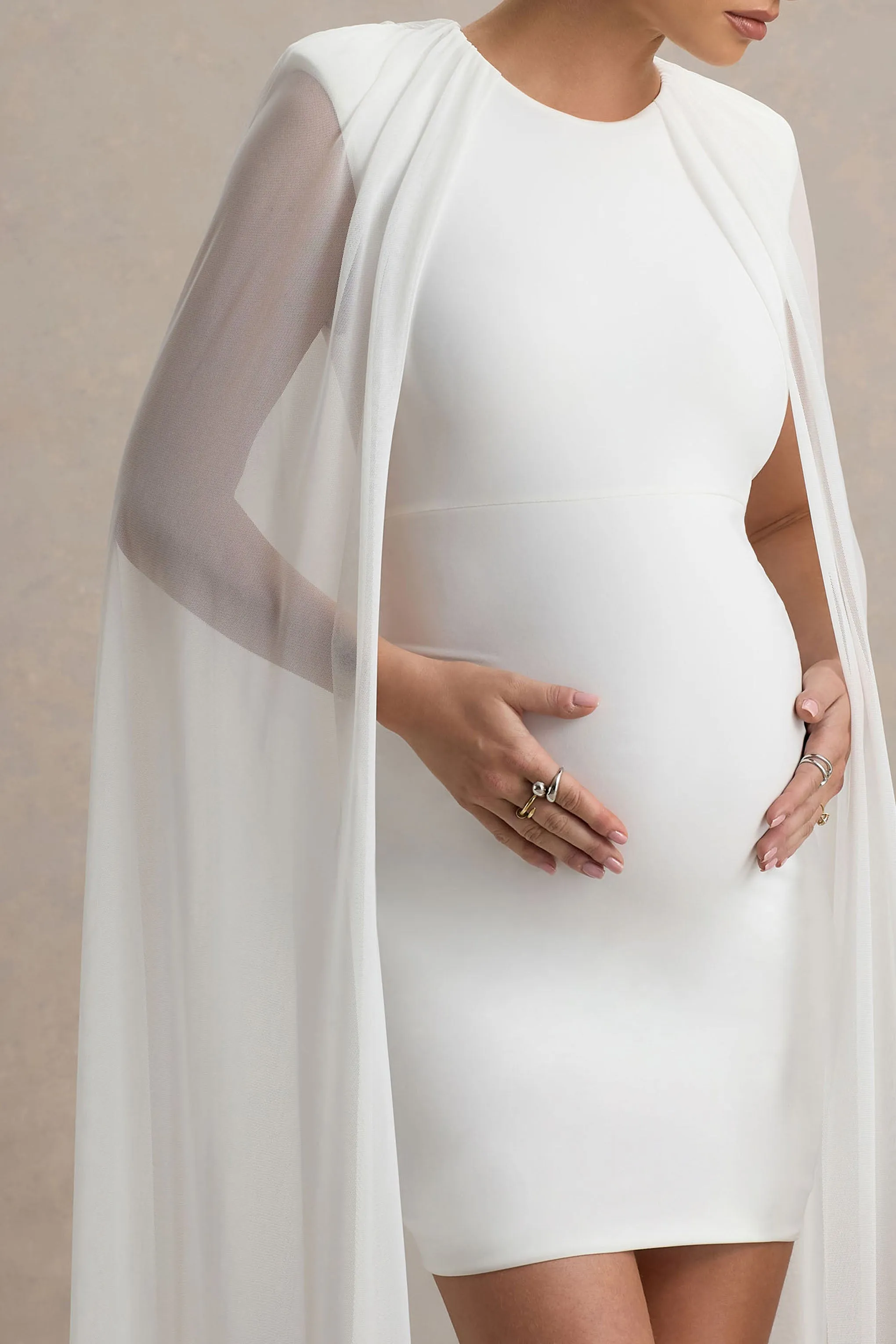 Charlene | White High-Neck Maternity Mini Dress With Mesh Cape sold by Club L London product image thumbnail 3