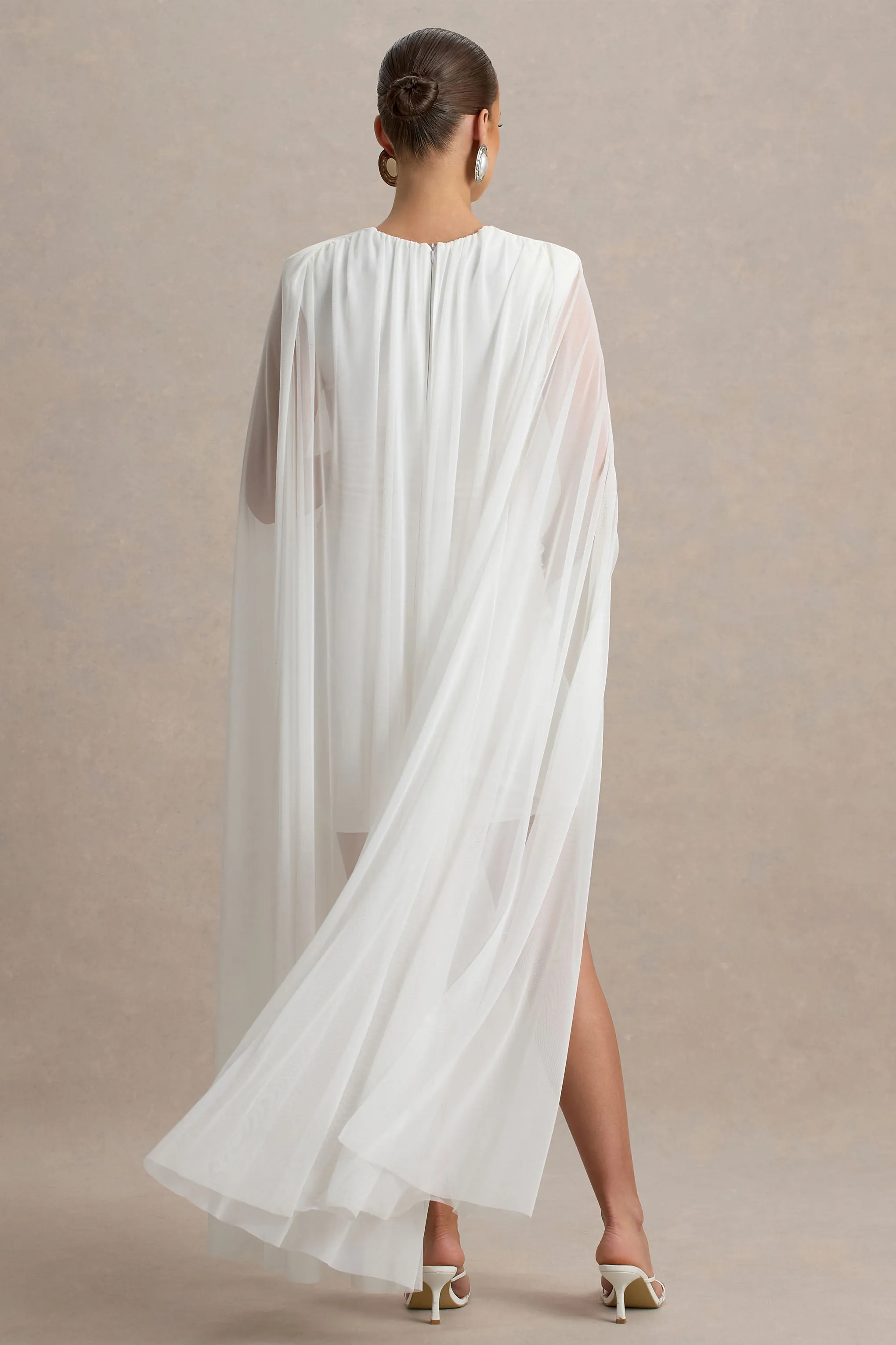 Charlene | White High-Neck Maternity Mini Dress With Mesh Cape sold by Club L London product image thumbnail 2