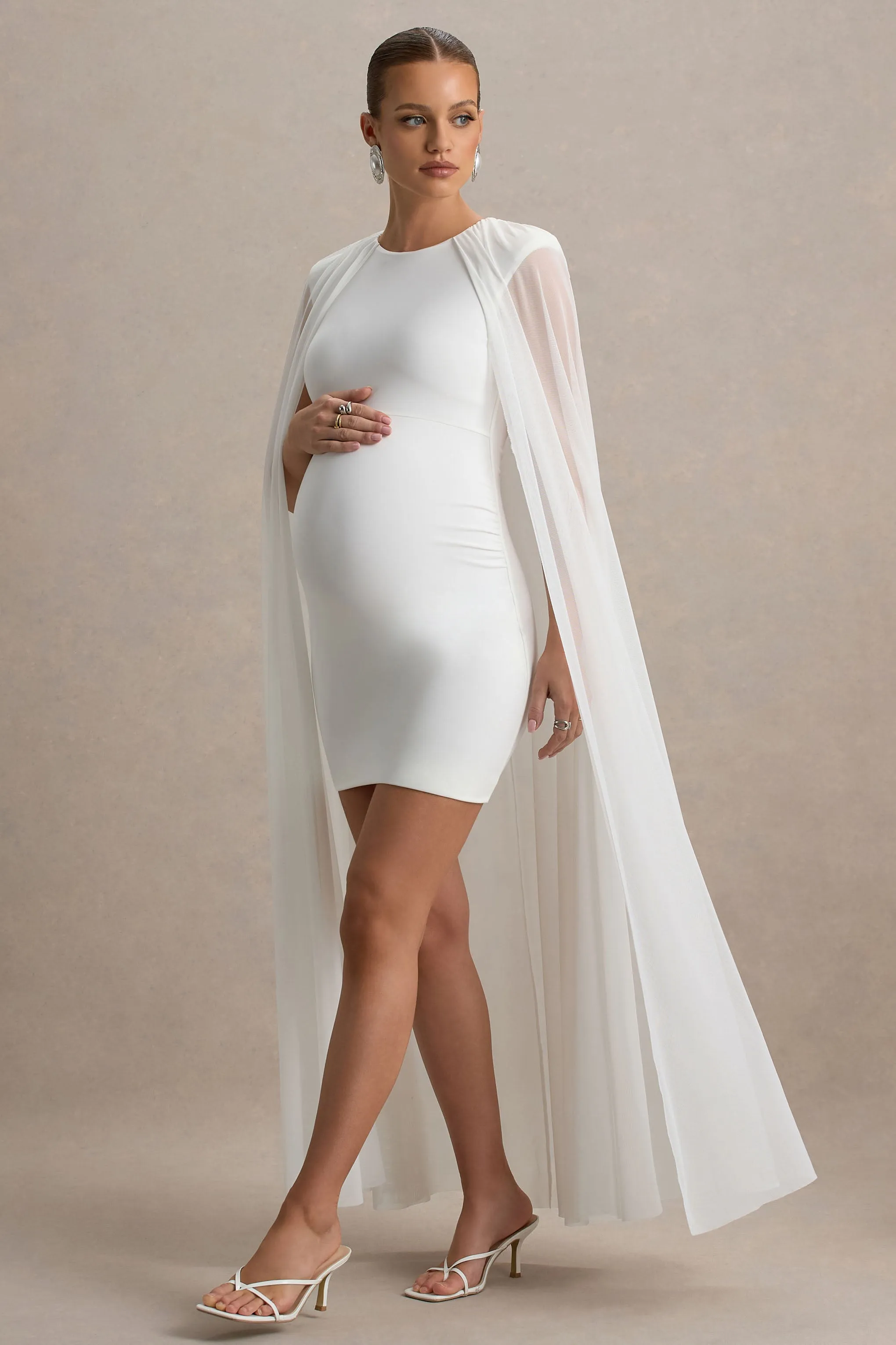 Charlene | White High-Neck Maternity Mini Dress With Mesh Cape sold by Club L London product image thumbnail 5