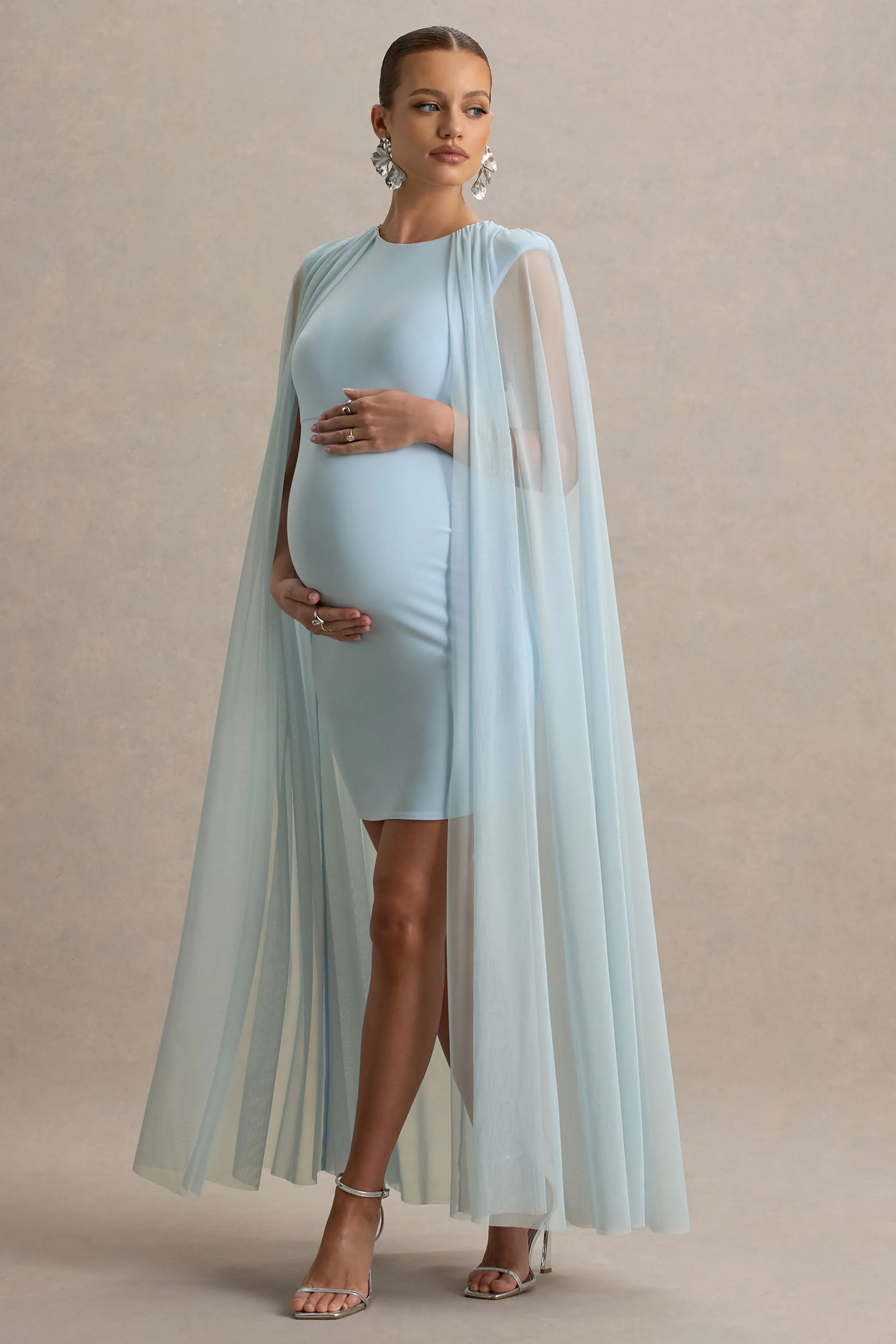 Charlene | Powder Blue High-Neck Maternity Mini Dress With Mesh Cape sold by Club L London product image thumbnail 4