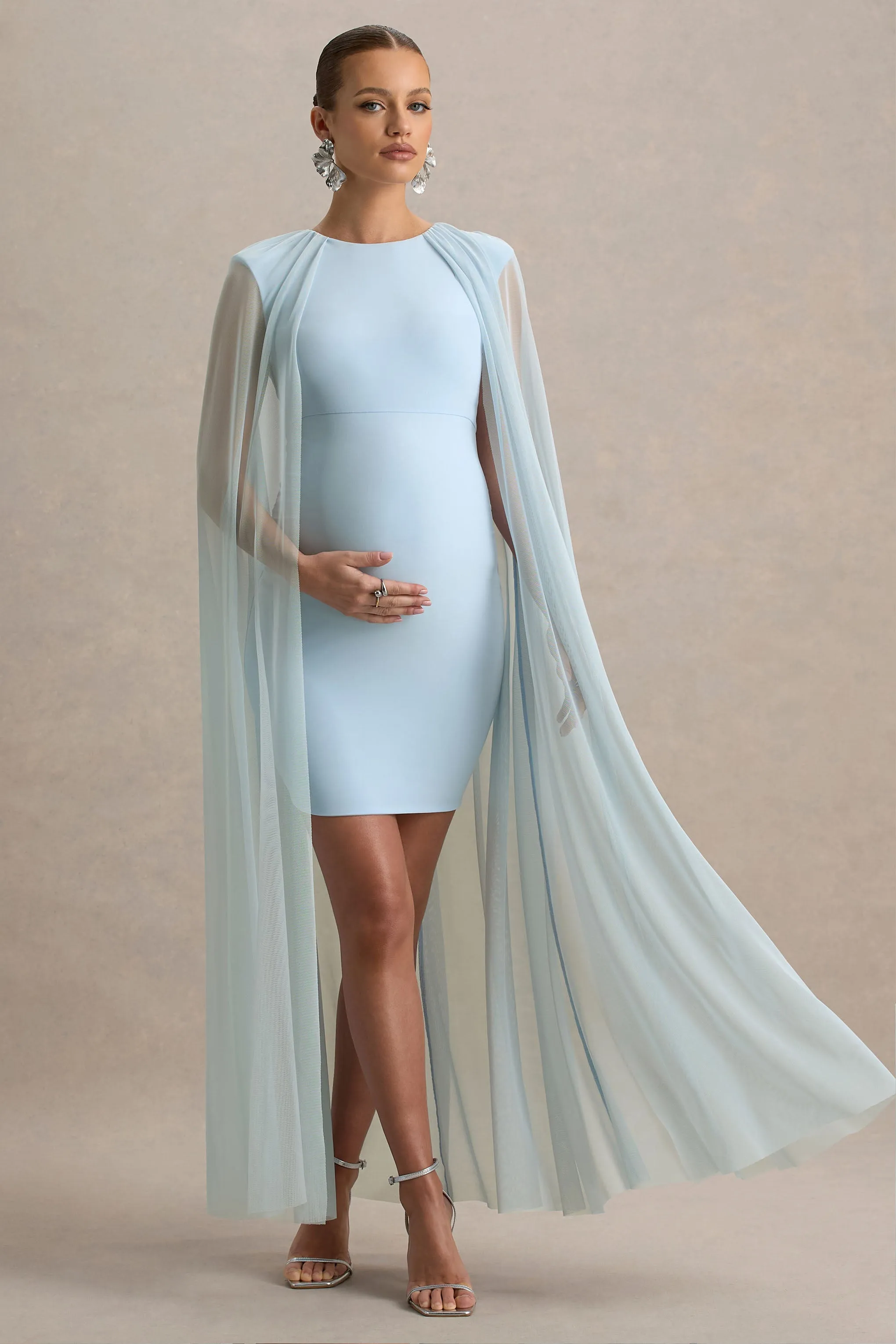 Charlene | Powder Blue High-Neck Maternity Mini Dress With Mesh Cape sold by Club L London