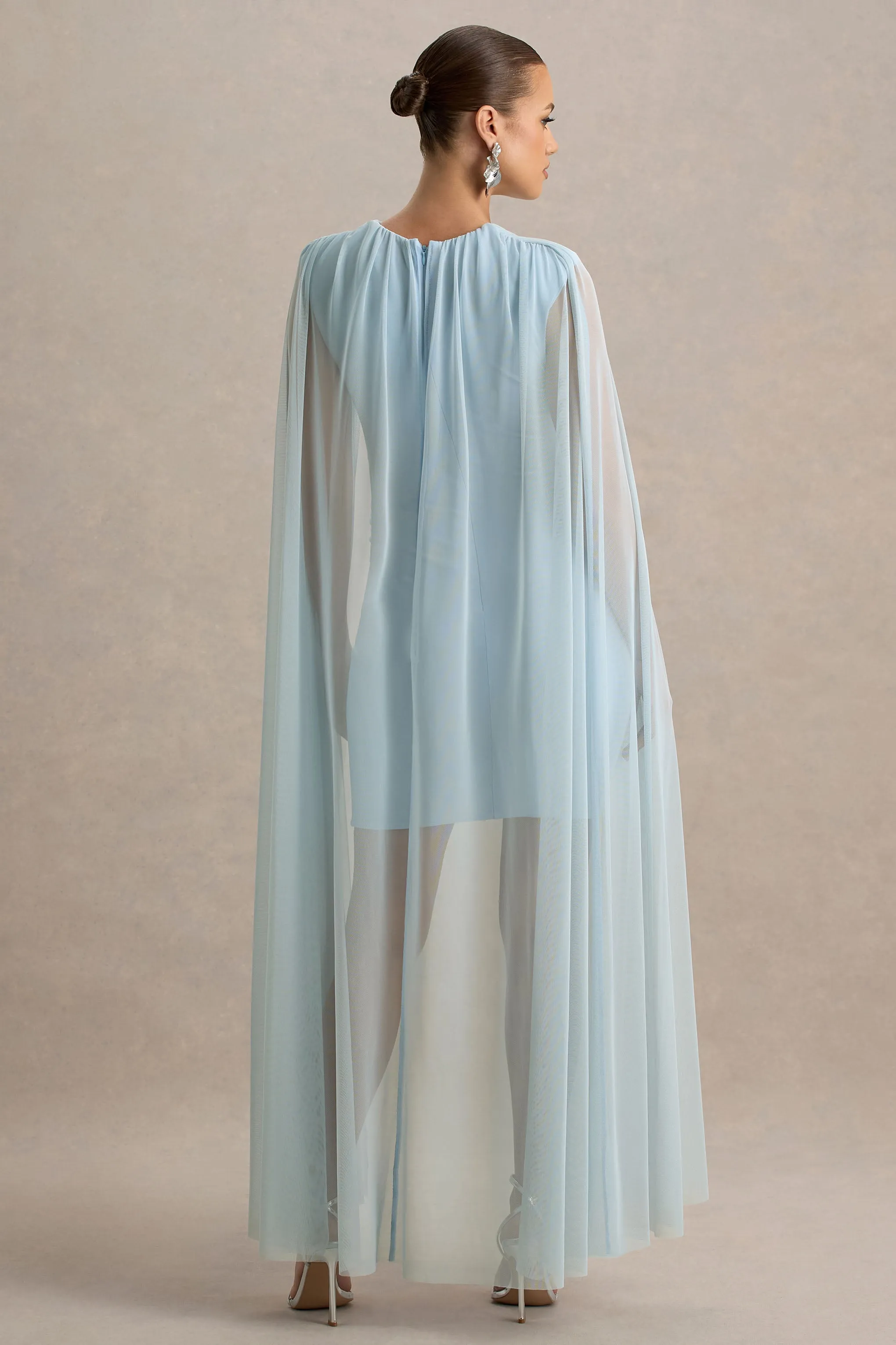 Charlene | Powder Blue High-Neck Maternity Mini Dress With Mesh Cape sold by Club L London product image thumbnail 2