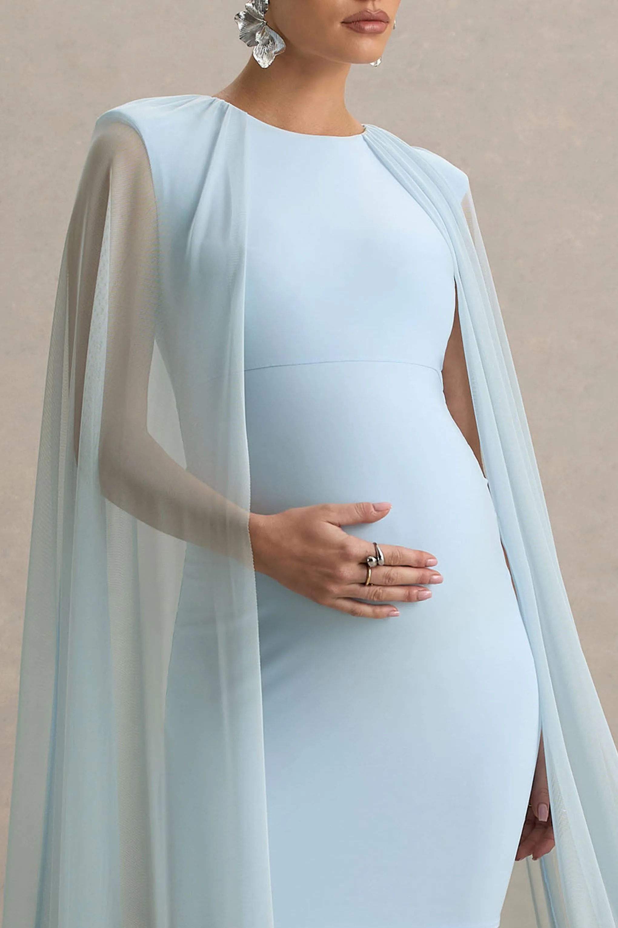 Charlene | Powder Blue High-Neck Maternity Mini Dress With Mesh Cape sold by Club L London product image thumbnail 3