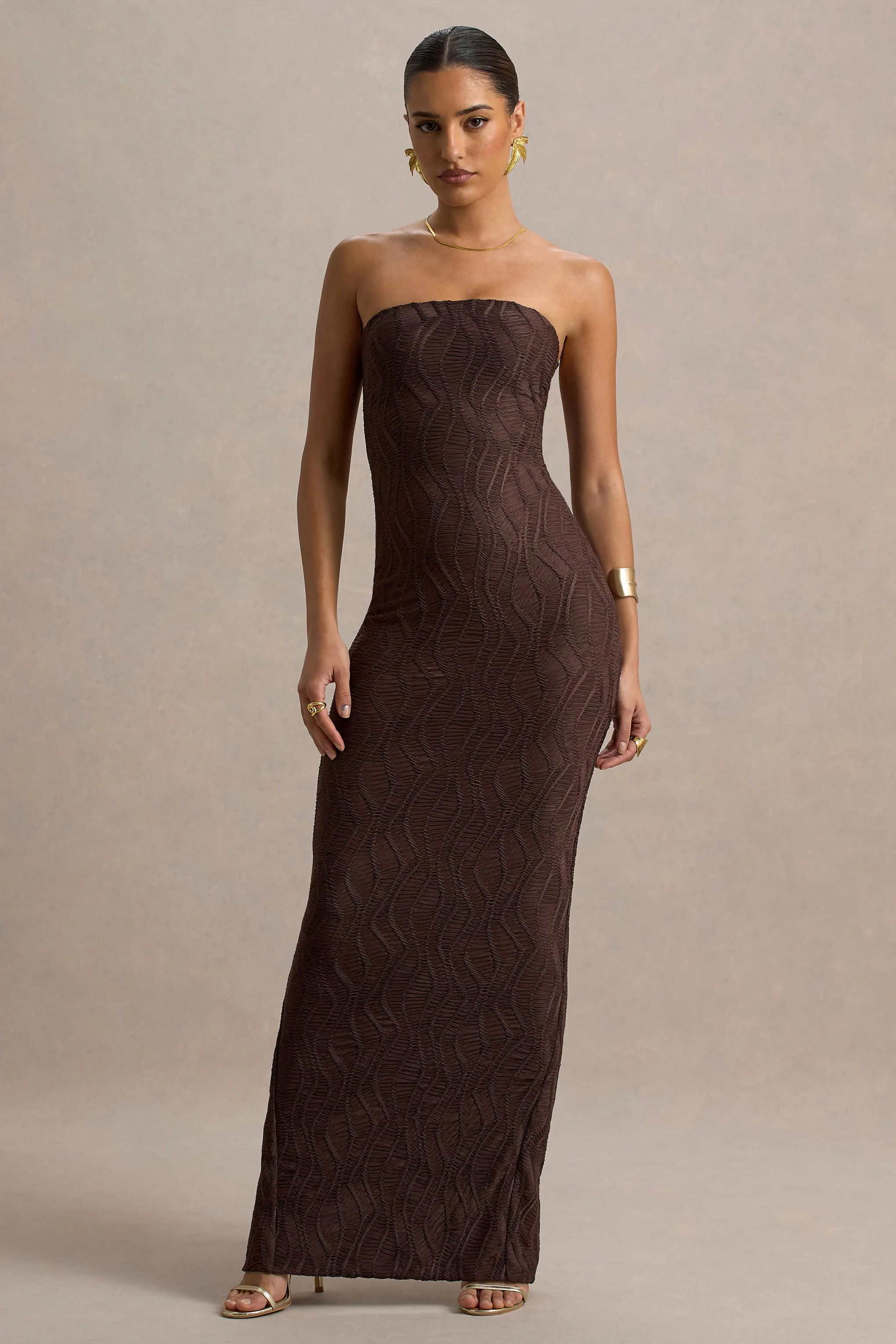 Lorela | Brown Bodycon Bandeau Maxi Dress sold by Club L London