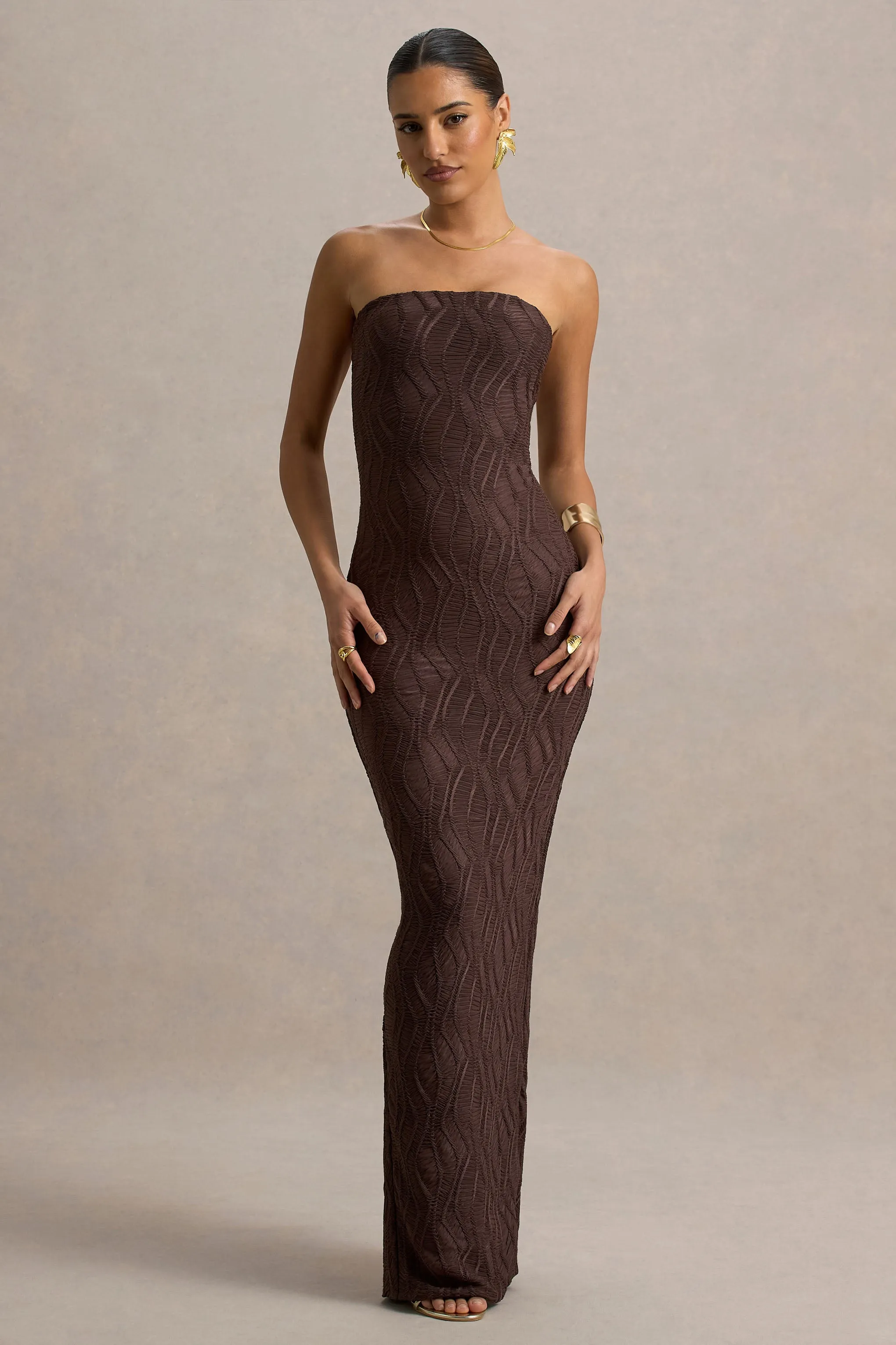 Lorela | Brown Bodycon Bandeau Maxi Dress sold by Club L London product image thumbnail 4