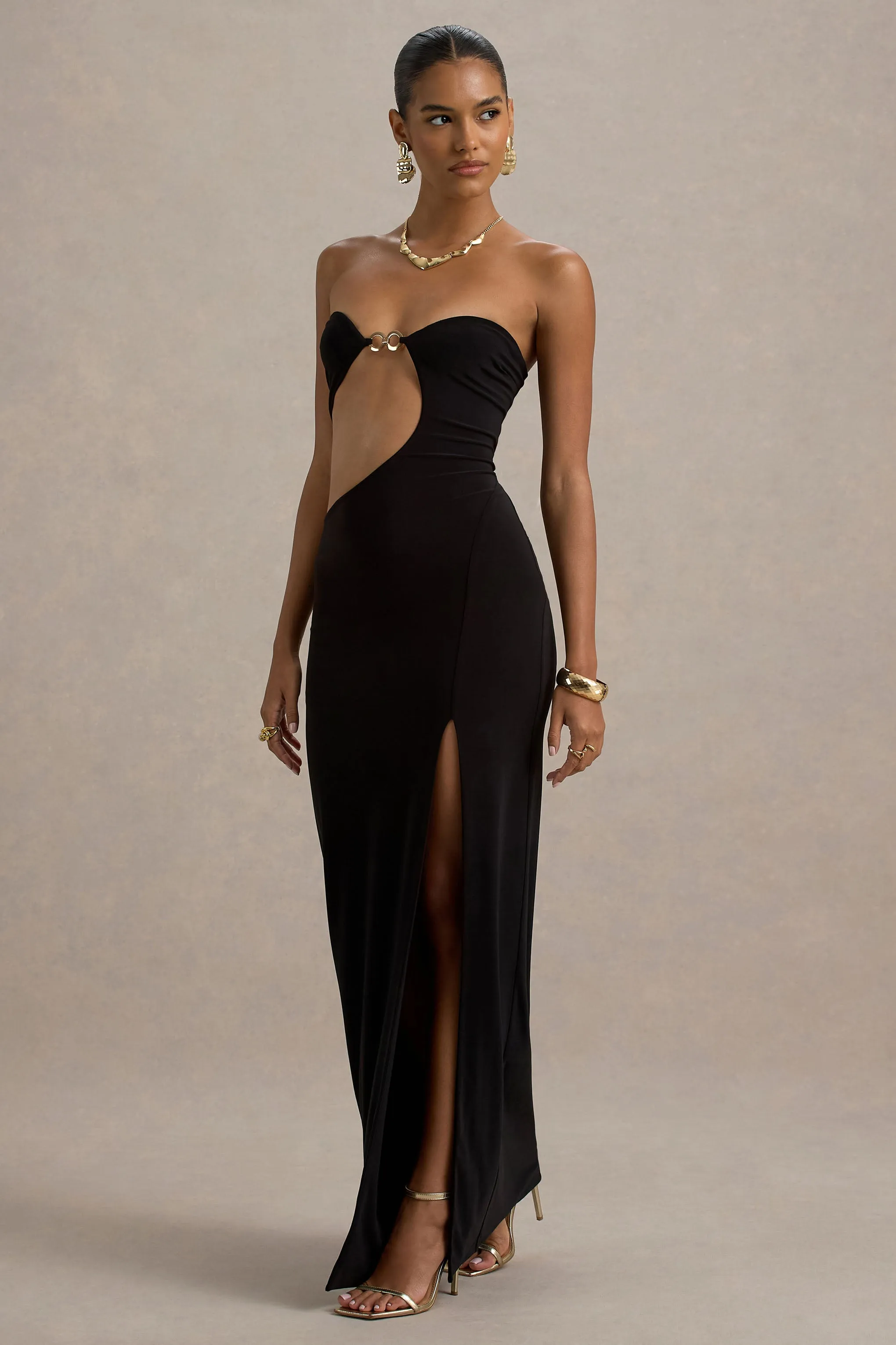 Feleicia | Black Sweetheart Cut-Out Maxi Dress With Split sold by Club L London