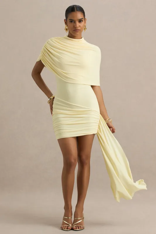 Farrah | Pale Lemon High-Neck Draped Mini Dress With Sash sold by Club L London