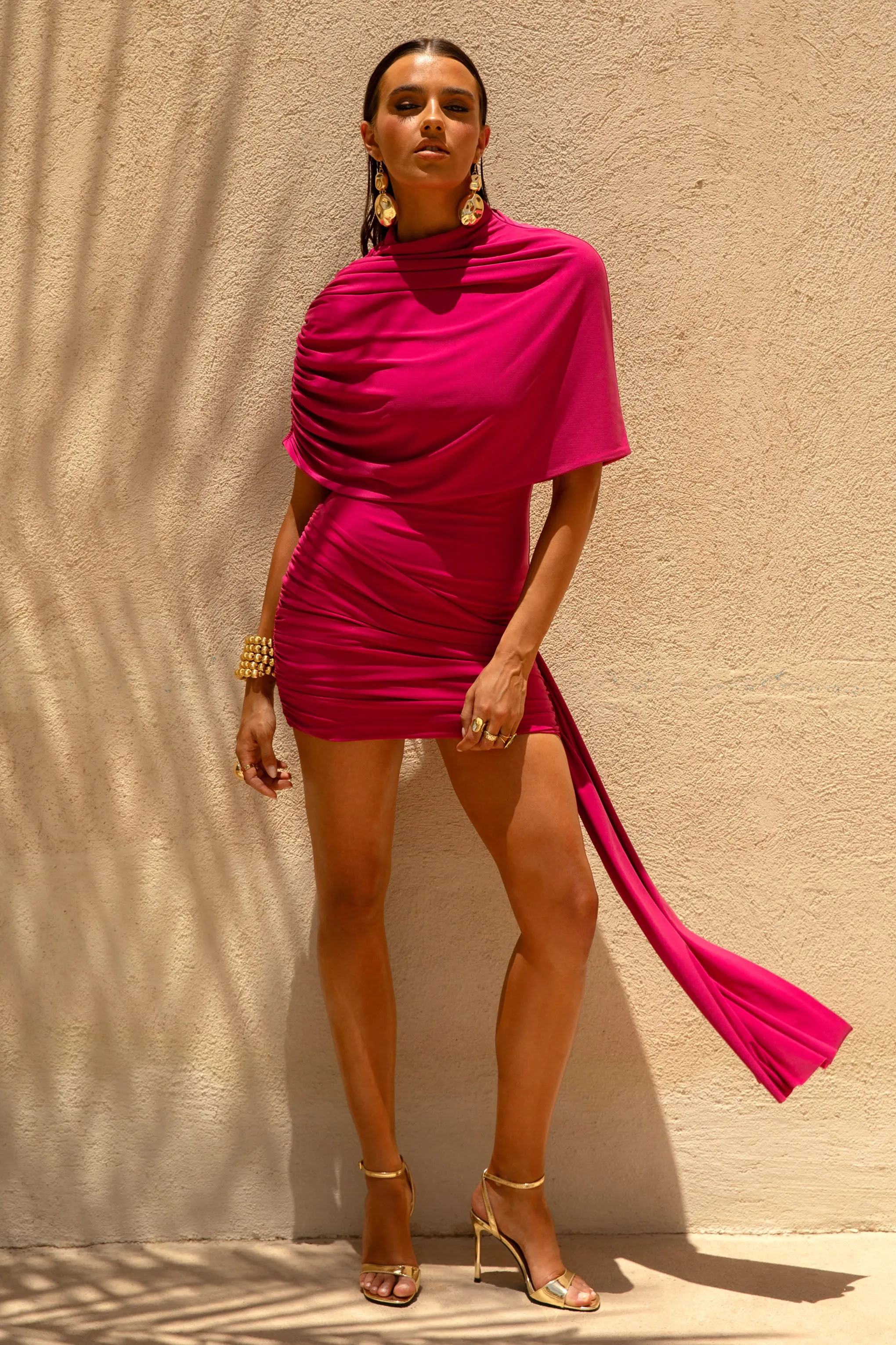 Farrah | Hot Pink High-Neck Draped Mini Dress With Sash sold by Club L London product image thumbnail 3