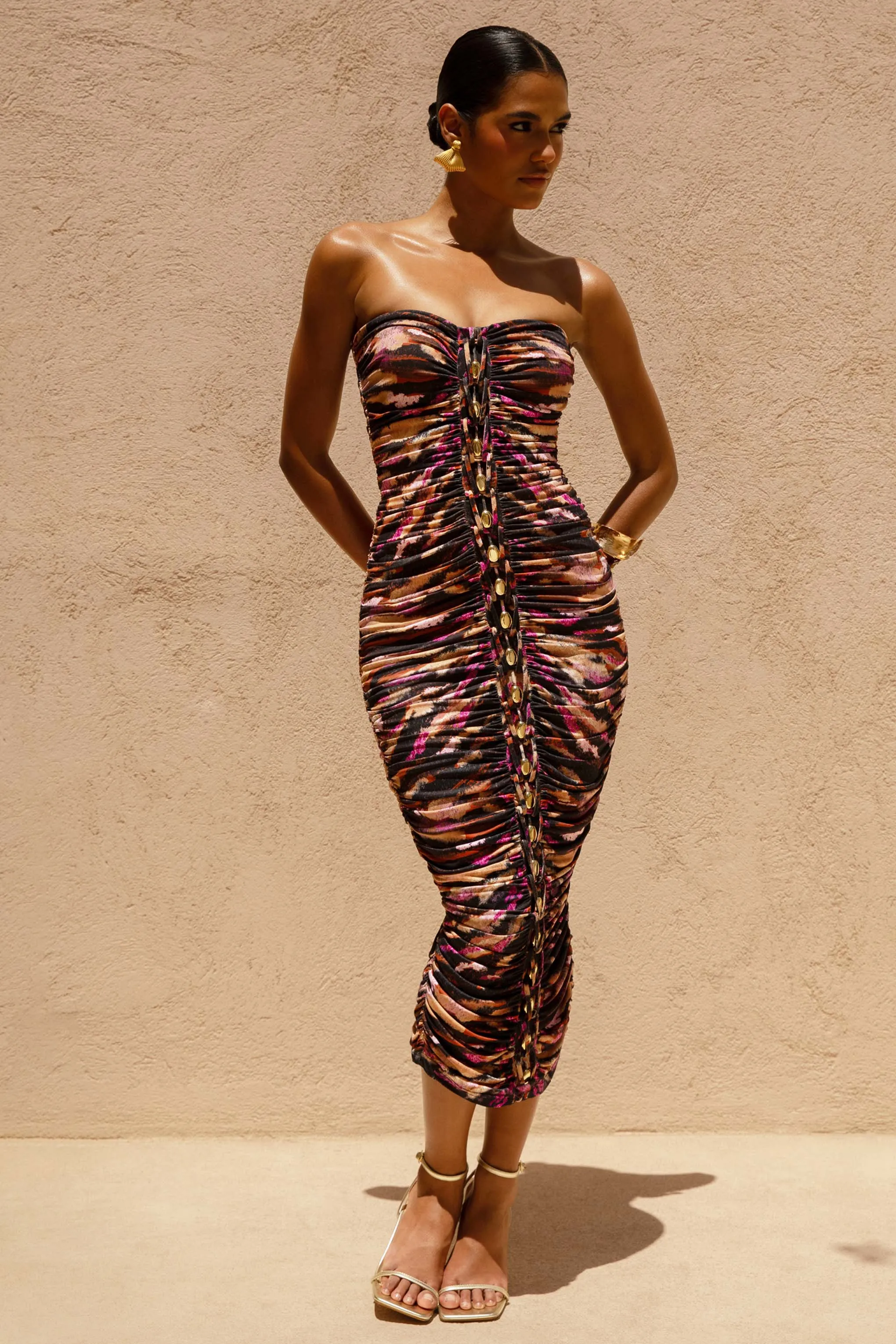Spontaneity | Zebra Print Bandeau Ruched Midi Dress sold by Club L London