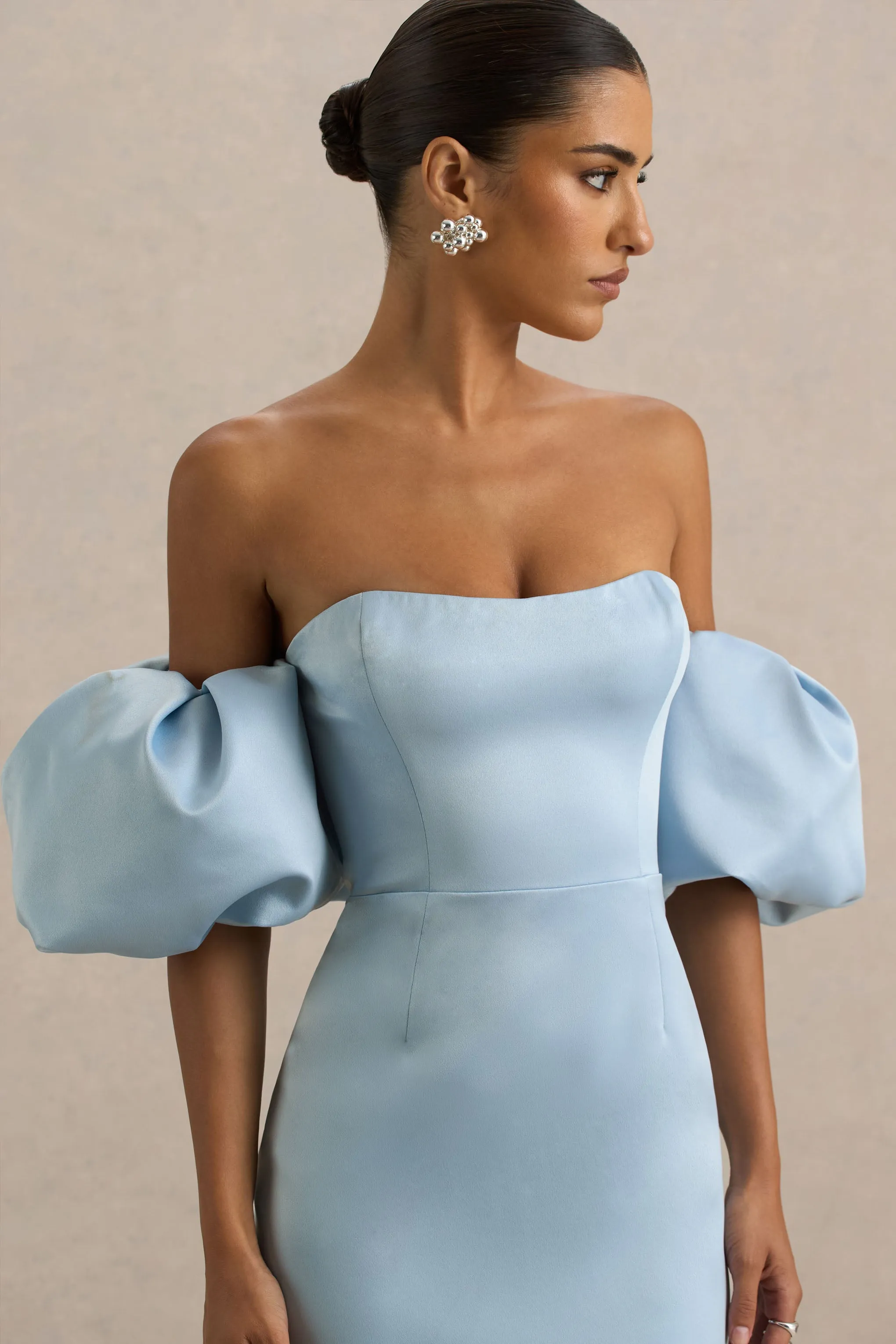 Imogen | Powder Blue Satin Short-Sleeve Bardot Mini Dress With Ruffle Detail sold by Club L London product image thumbnail 3