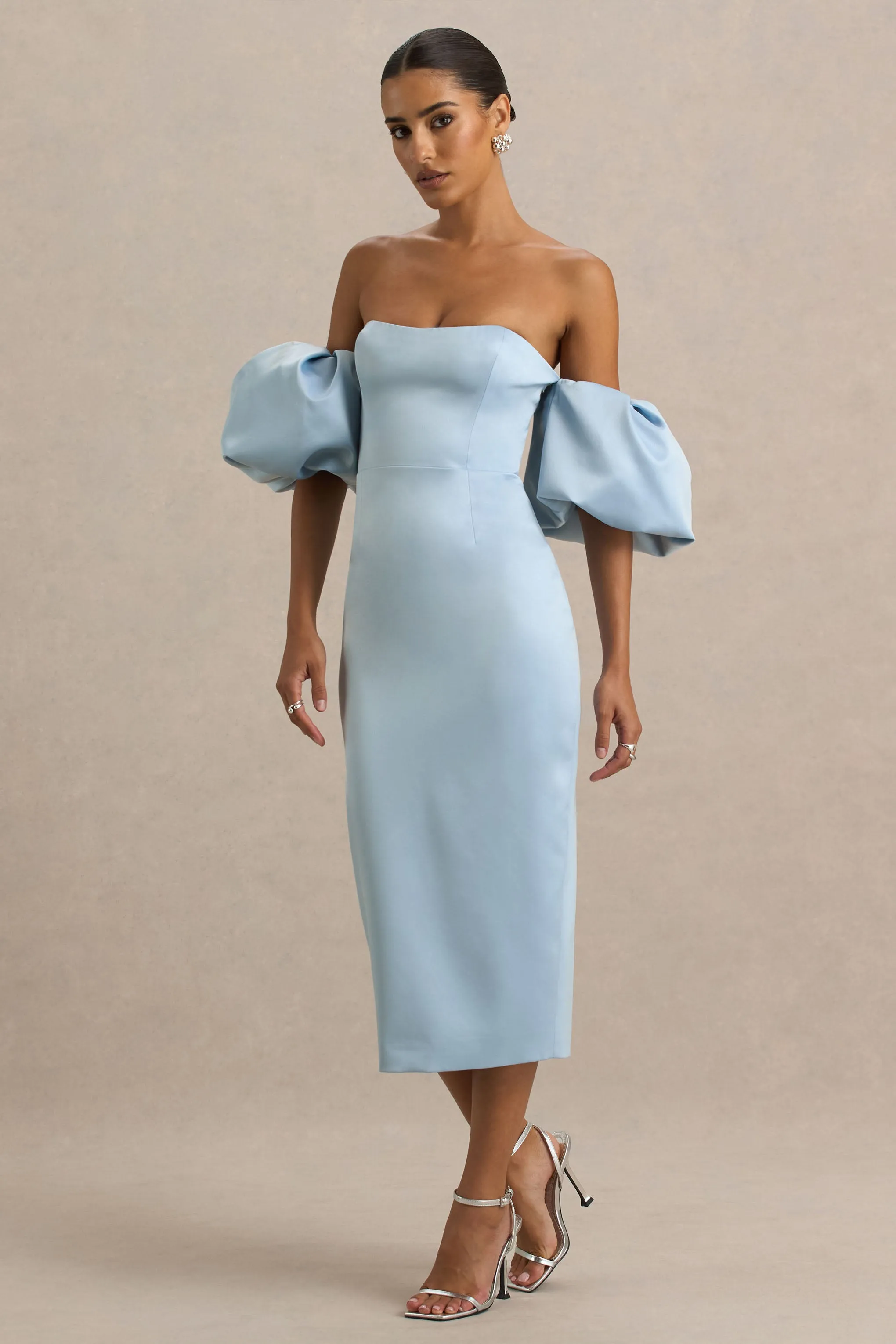 Imogen | Powder Blue Satin Short-Sleeve Bardot Mini Dress With Ruffle Detail sold by Club L London product image thumbnail 5