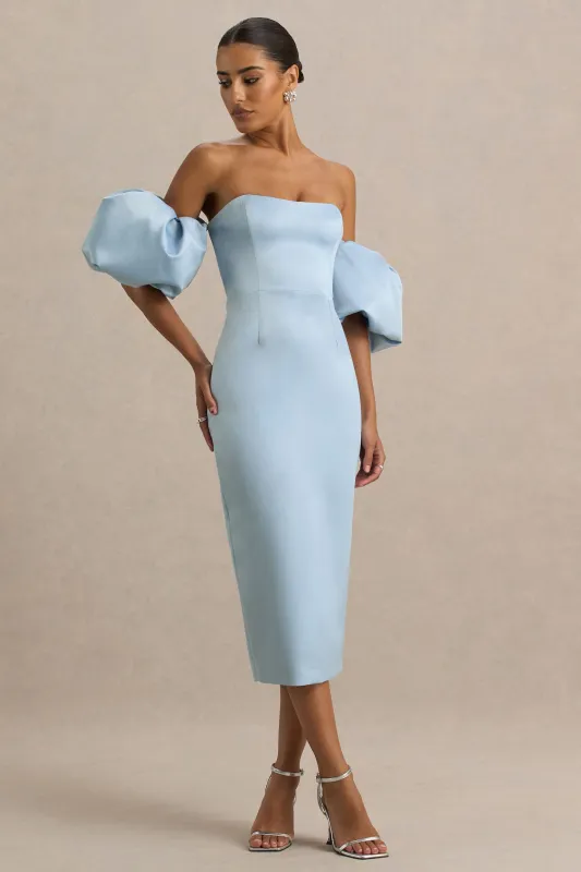 Imogen | Powder Blue Satin Short-Sleeve Bardot Mini Dress With Ruffle Detail sold by Club L London