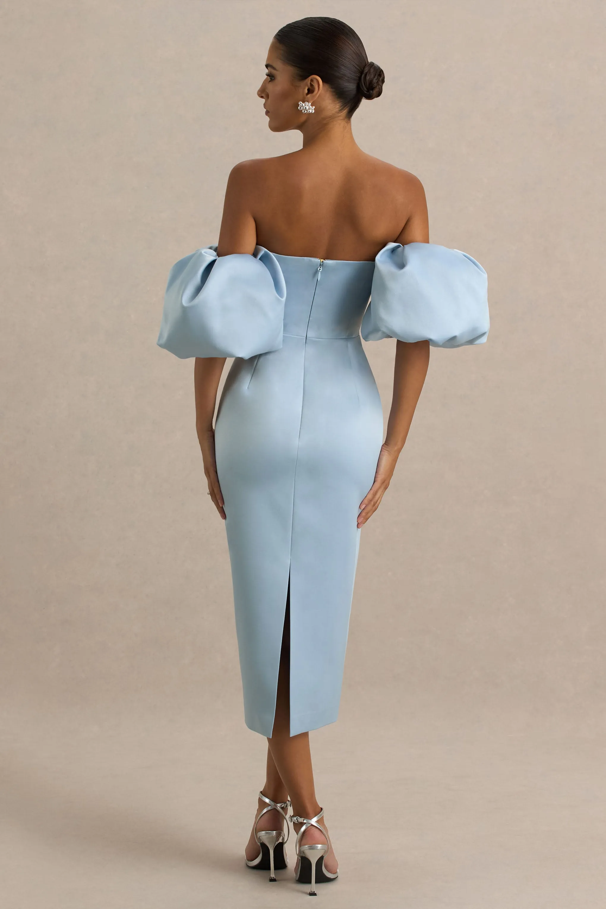 Imogen | Powder Blue Satin Short-Sleeve Bardot Mini Dress With Ruffle Detail sold by Club L London product image thumbnail 2