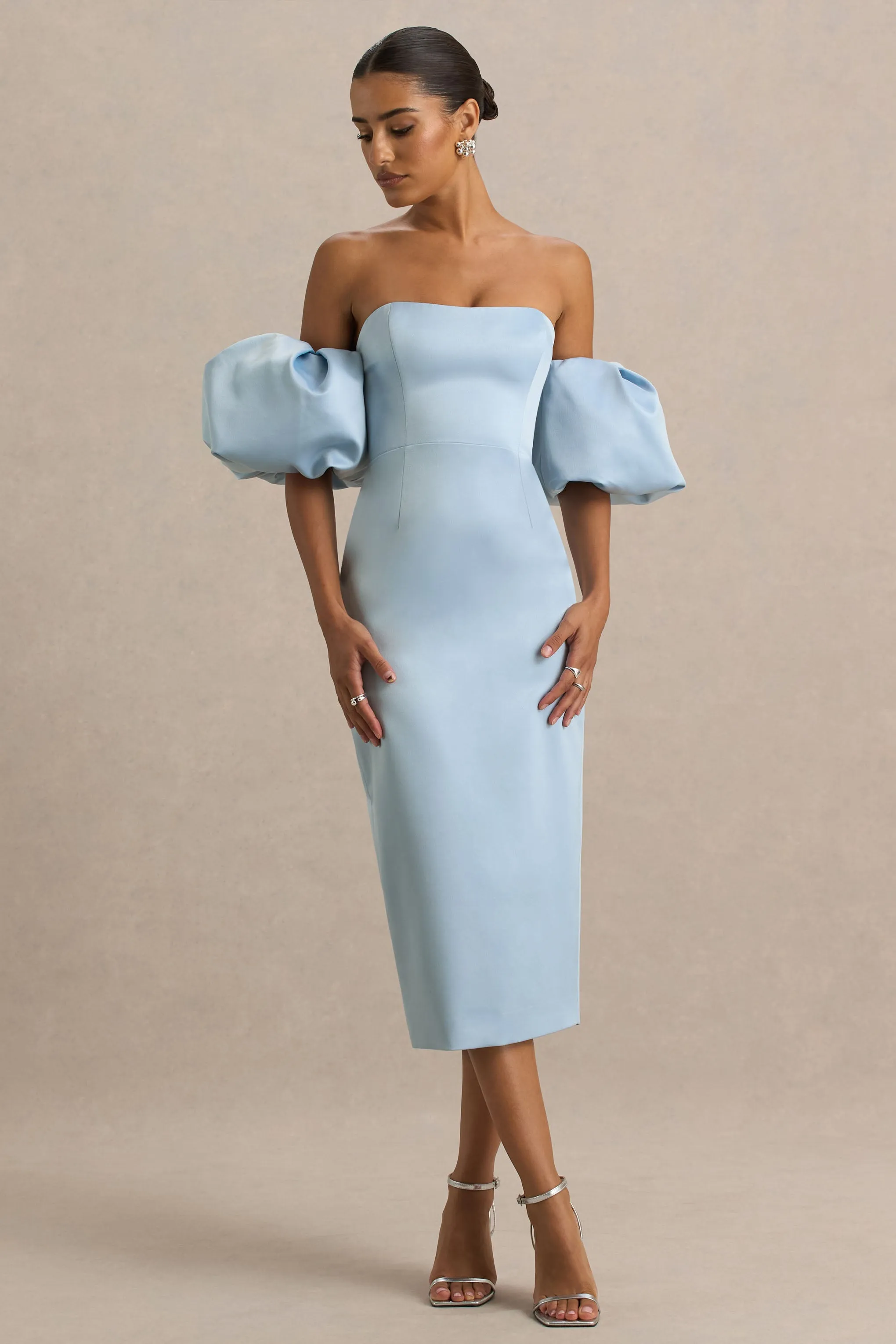 Imogen | Powder Blue Satin Short-Sleeve Bardot Mini Dress With Ruffle Detail sold by Club L London product image thumbnail 4