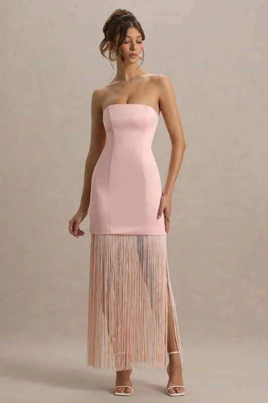 Trinity | Blush Pink Satin Bandeau Maxi Dress With Fringe sold by Club L London