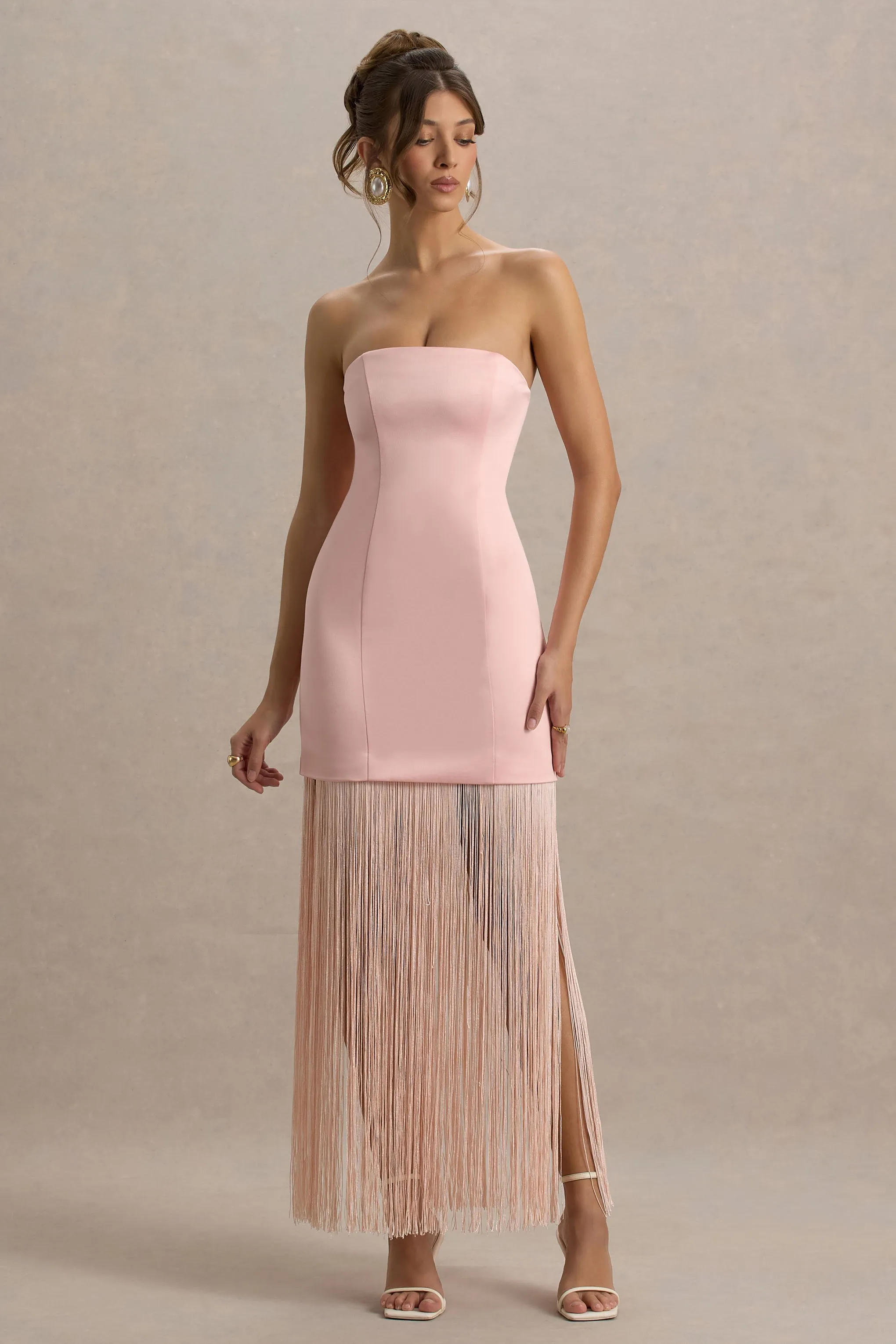 Trinity | Blush Pink Satin Bandeau Maxi Dress With Fringe sold by Club L London