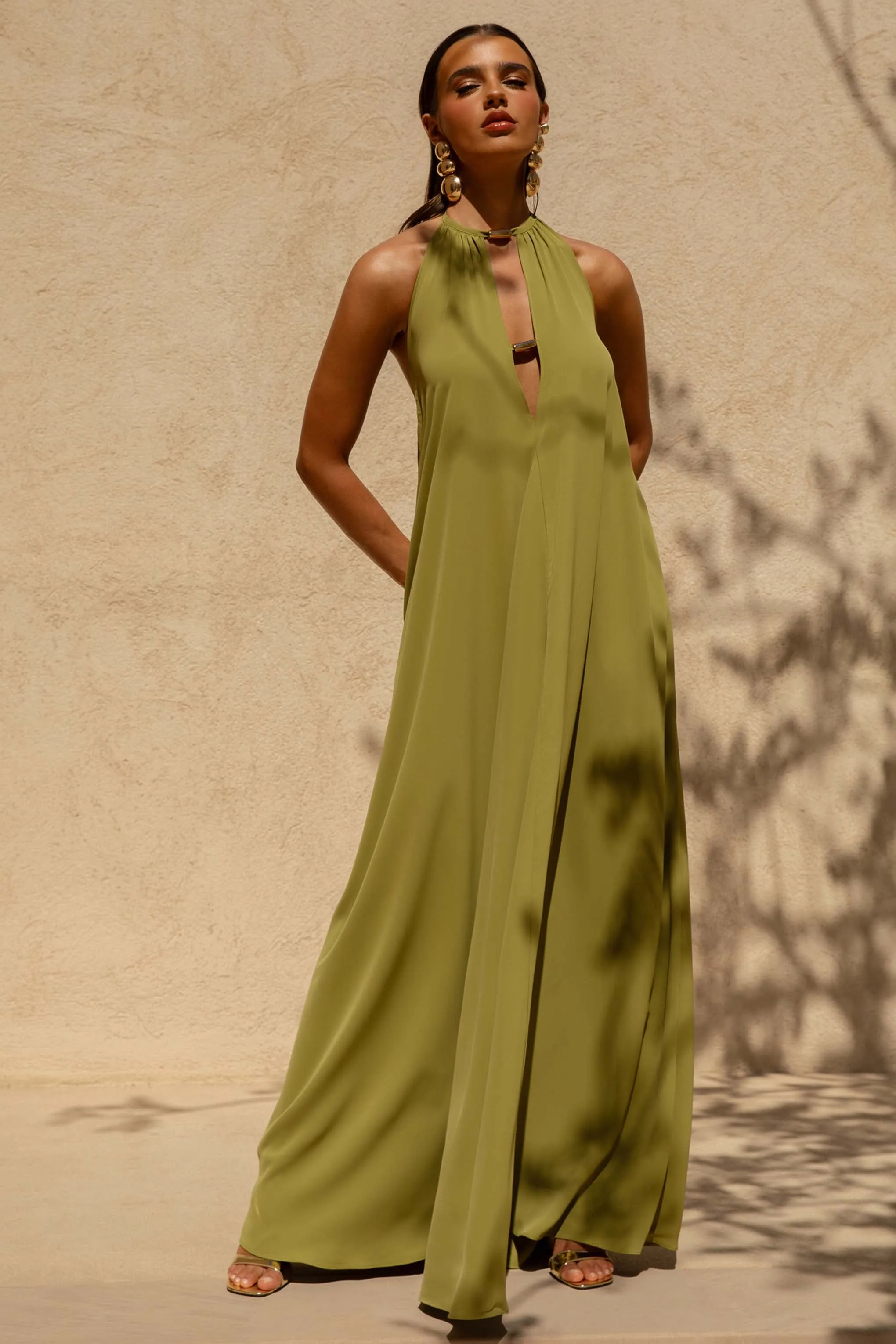 Zyon | Green High-Neck Maxi Dress with Cut-Out Details sold by Club L London