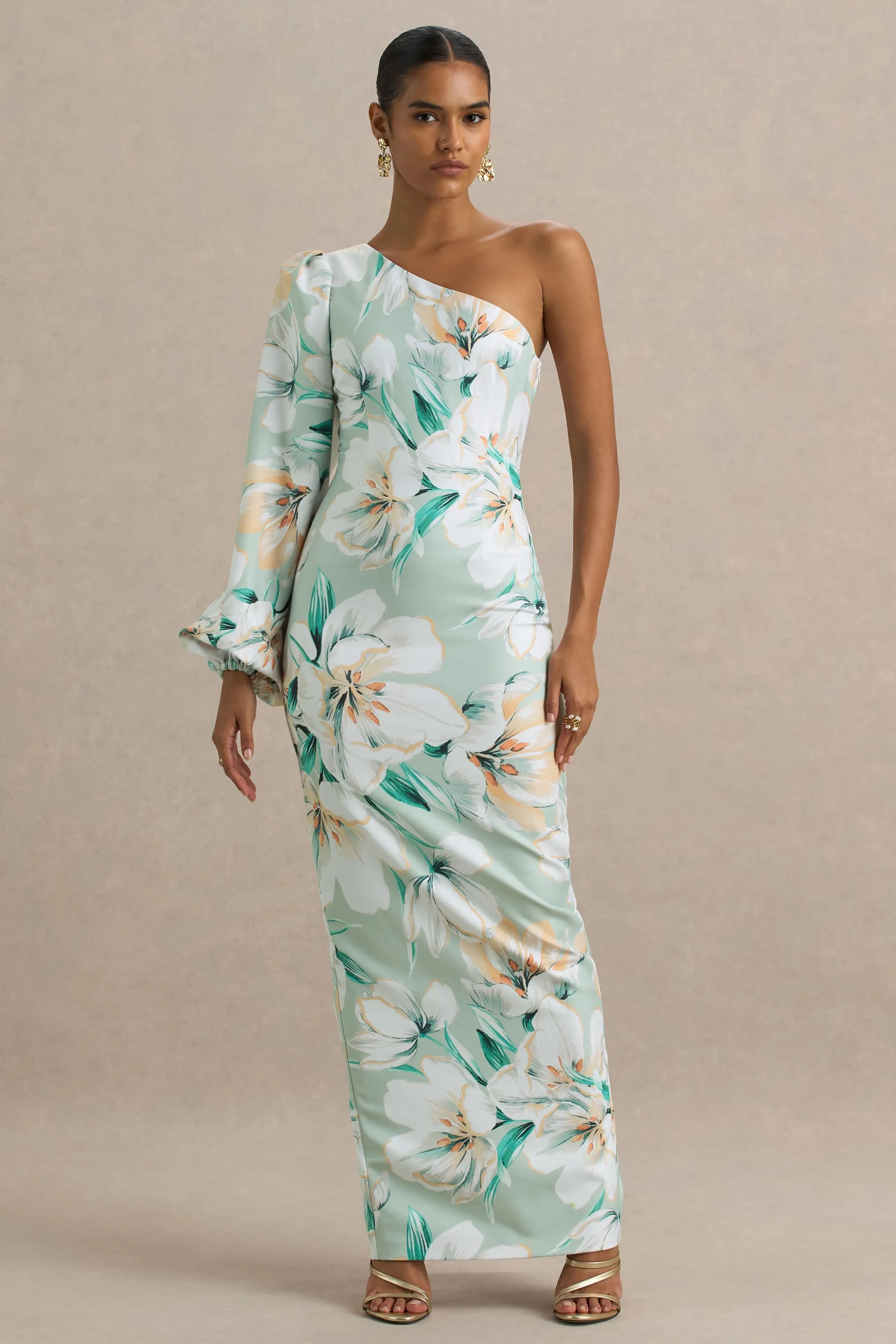 Kellis | Green Floral Print Asymmetric Maxi Dress With Balloon Sleeve sold by Club L London product image thumbnail 5
