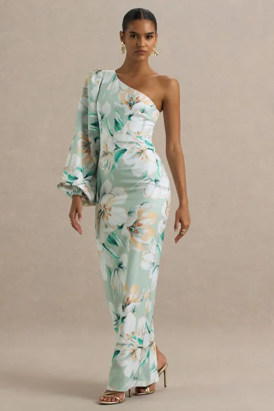 Kellis | Green Floral Print Asymmetric Maxi Dress With Balloon Sleeve sold by Club L London