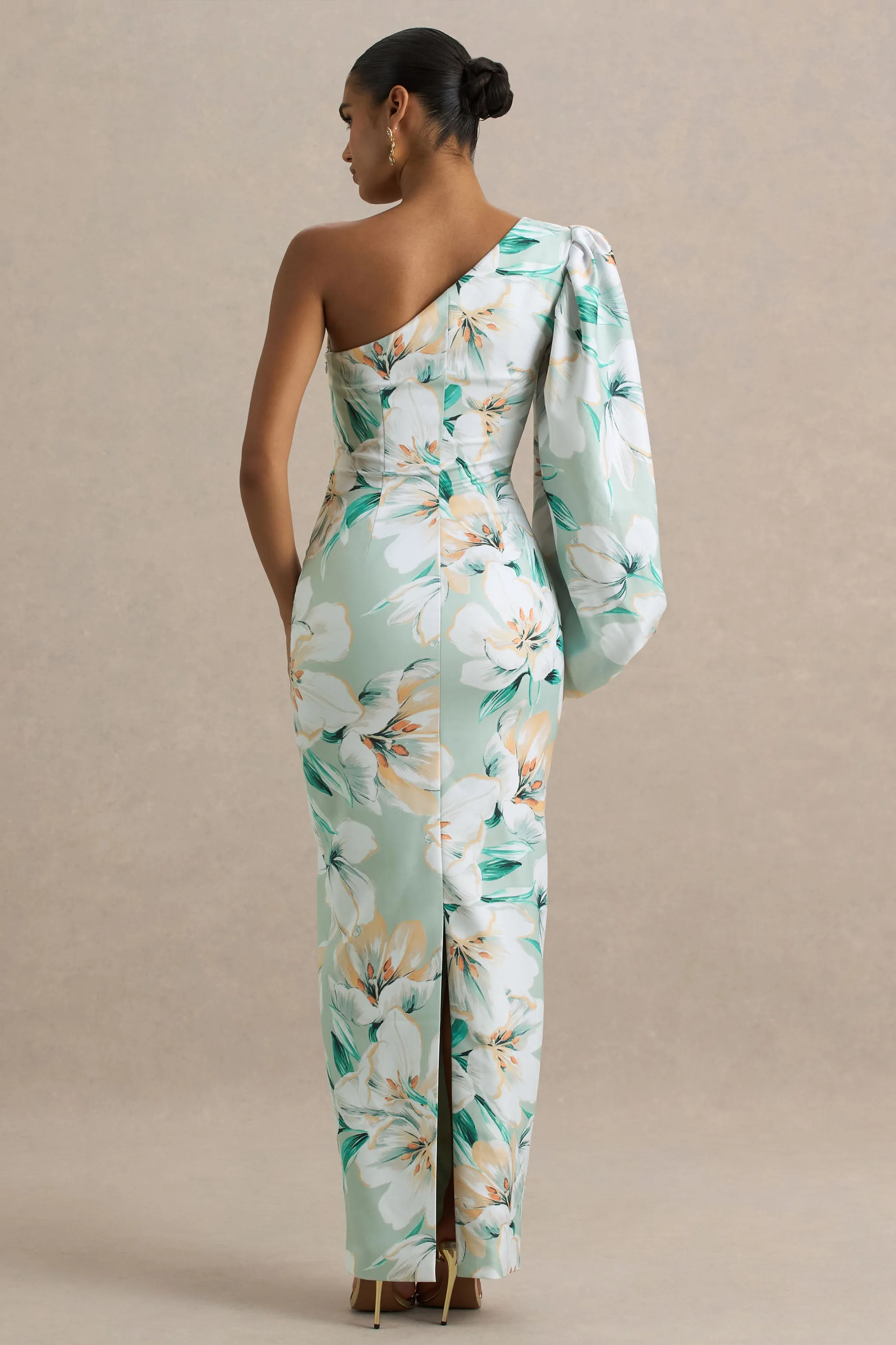 Kellis | Green Floral Print Asymmetric Maxi Dress With Balloon Sleeve sold by Club L London product image thumbnail 2