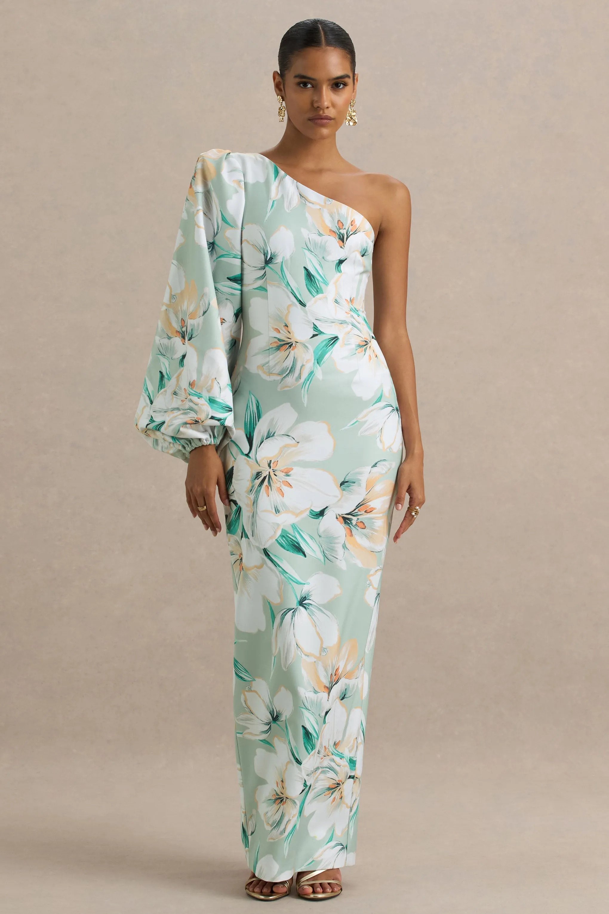 Kellis | Green Floral Print Asymmetric Maxi Dress With Balloon Sleeve sold by Club L London product image thumbnail 4