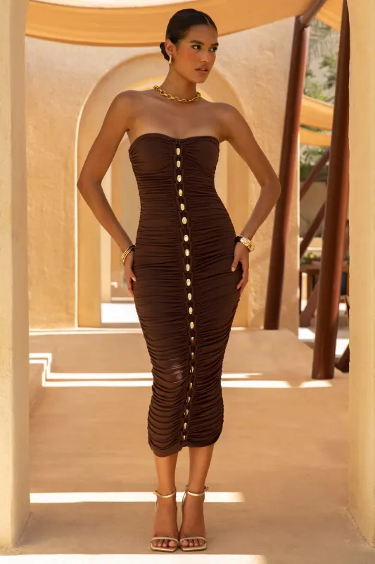Spontaneity | Brown Bandeau Ruched Midi Dress made by Club L London