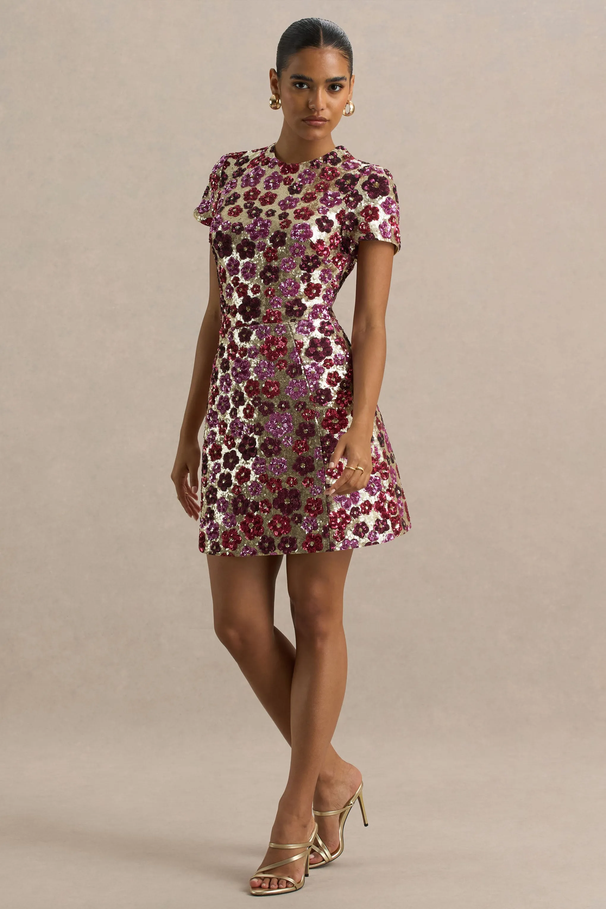 Eira | Pink Floral Sequin Crew-Neck Mini Dress sold by Club L London product image thumbnail 4