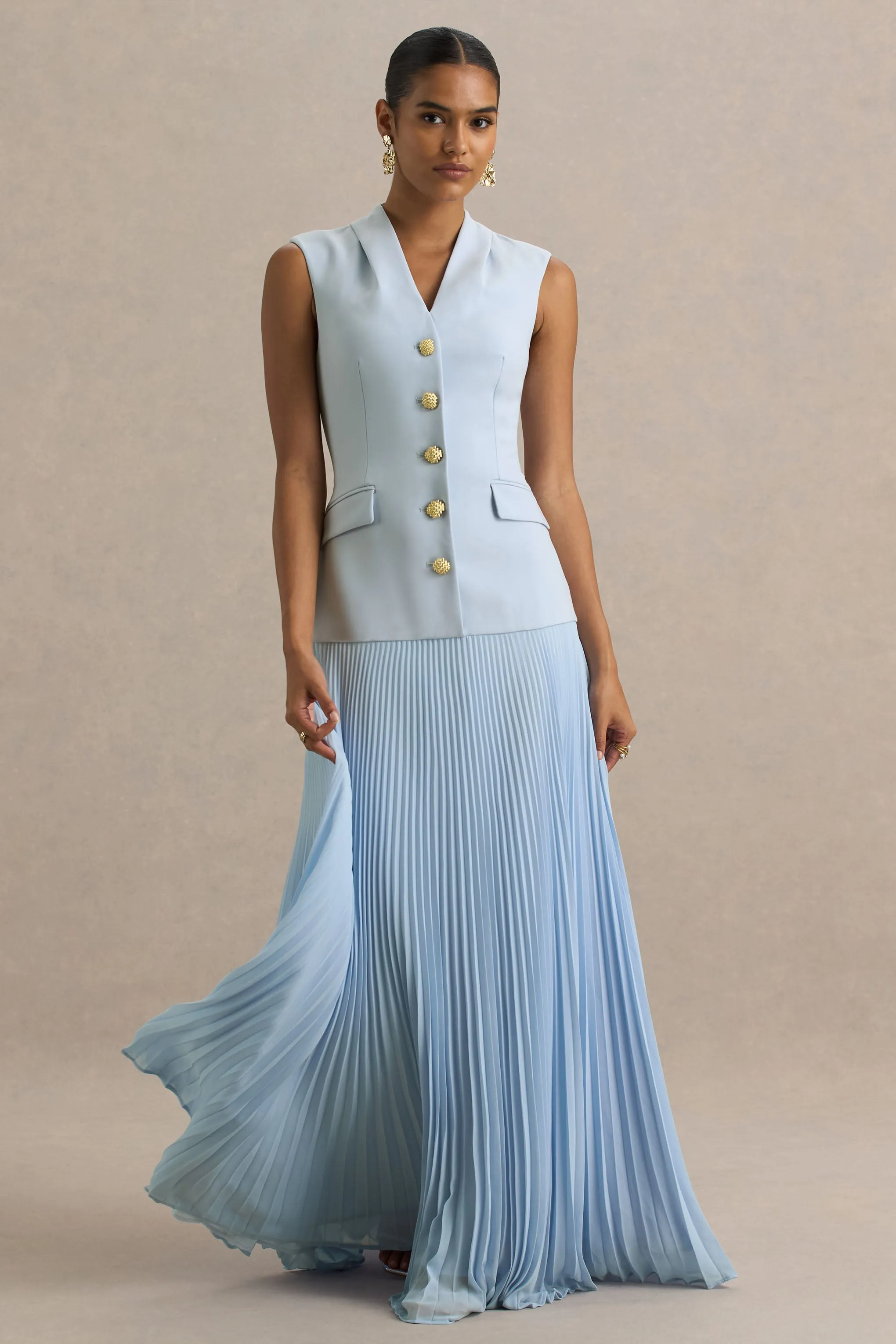Heavenly | Powder Blue High Neck Maxi Dress With Pleated Detailing sold by Club L London