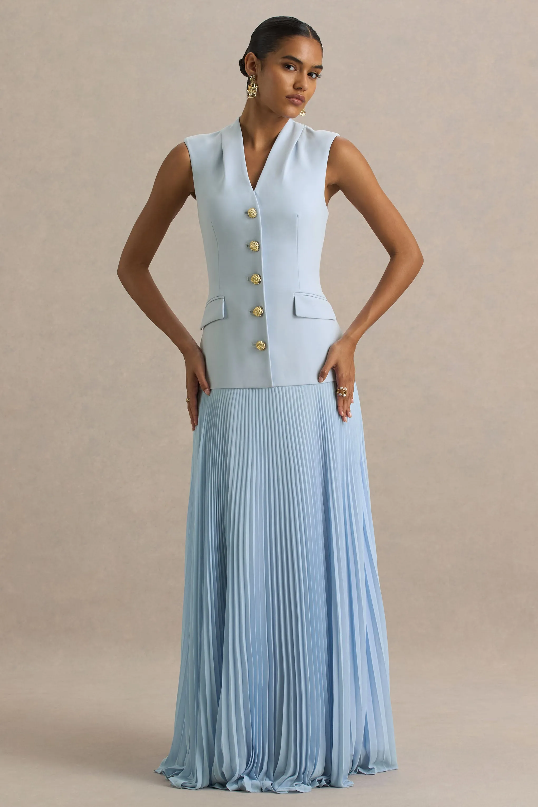 Heavenly | Powder Blue High Neck Maxi Dress With Pleated Detailing sold by Club L London product image thumbnail 3