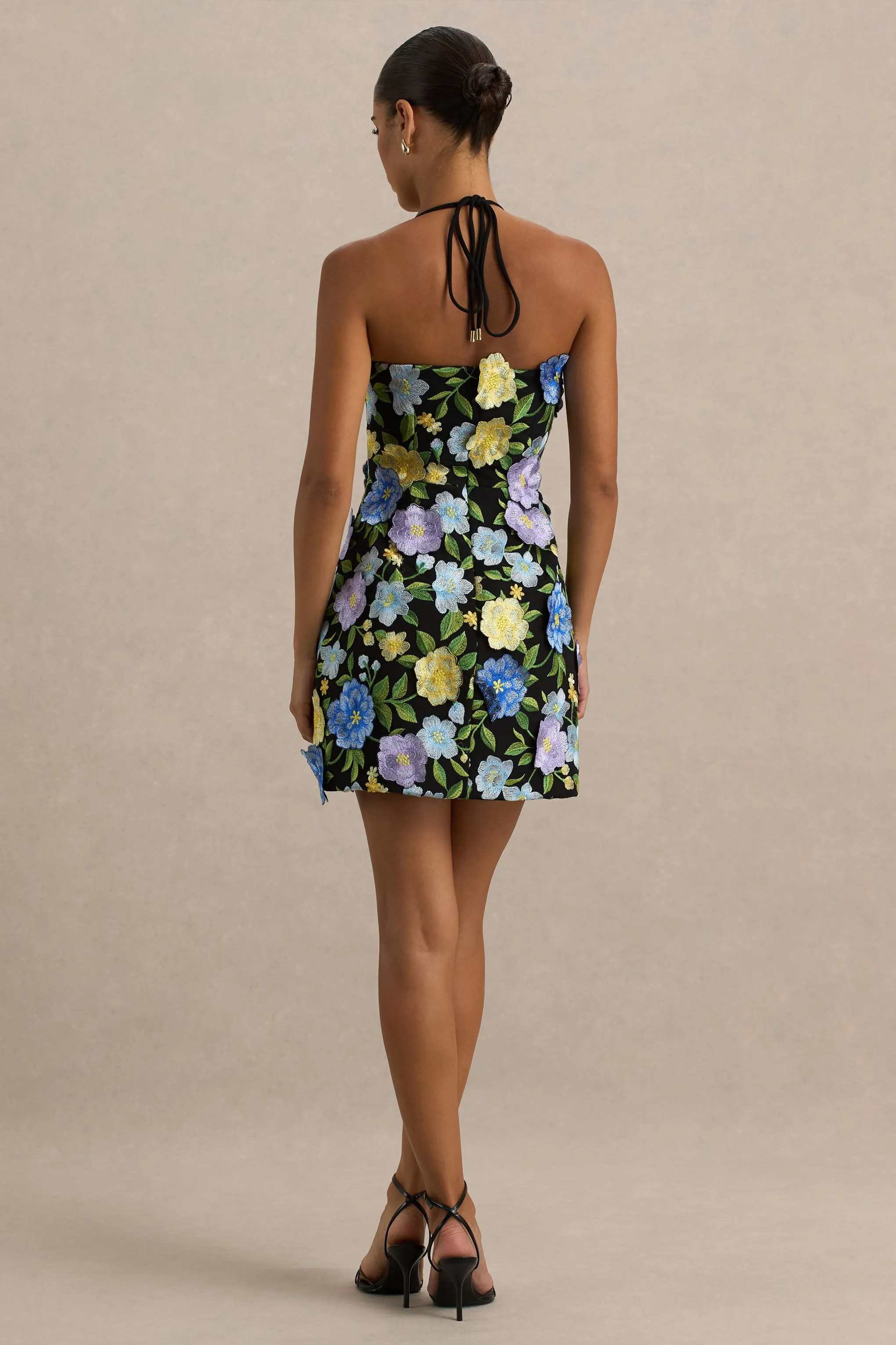 Aisha | Black Floral Embellished Square-Neck Mini Dress sold by Club L London product image thumbnail 2
