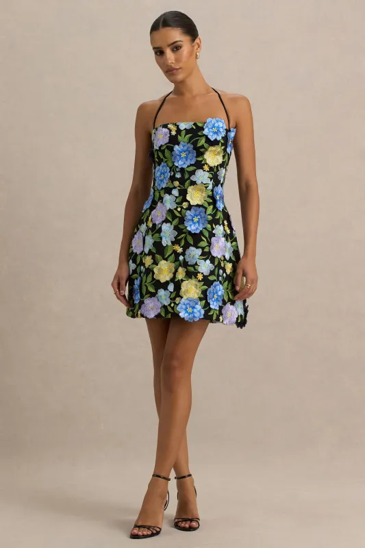 Aisha | Black Floral Embellished Square-Neck Mini Dress sold by Club L London