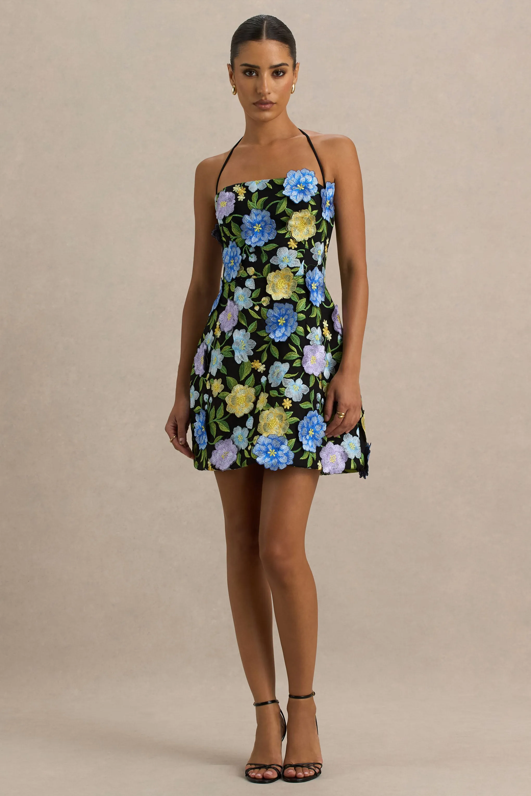 Aisha | Black Floral Embellished Square-Neck Mini Dress sold by Club L London product image thumbnail 4