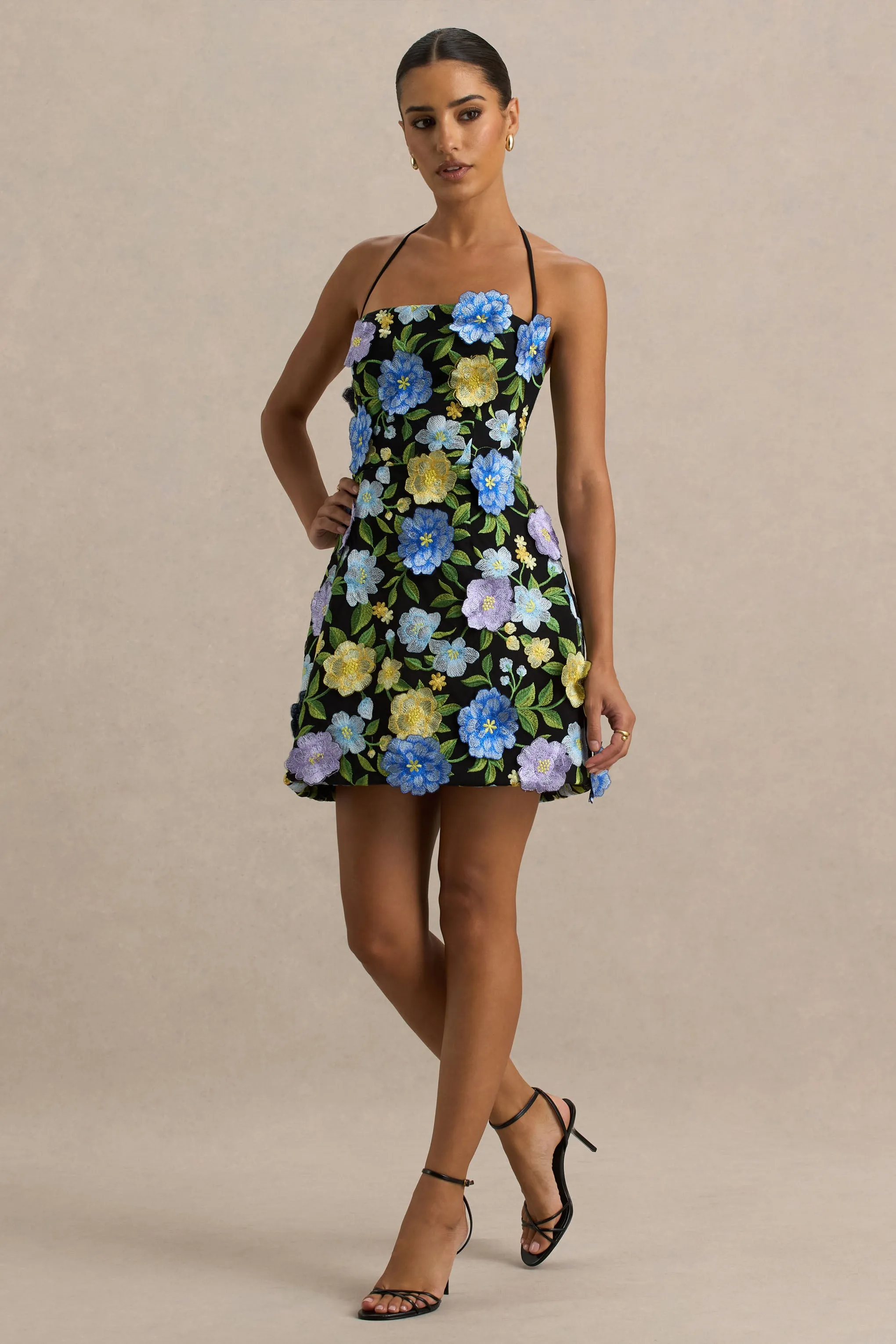 Aisha | Black Floral Embellished Square-Neck Mini Dress sold by Club L London product image thumbnail 5