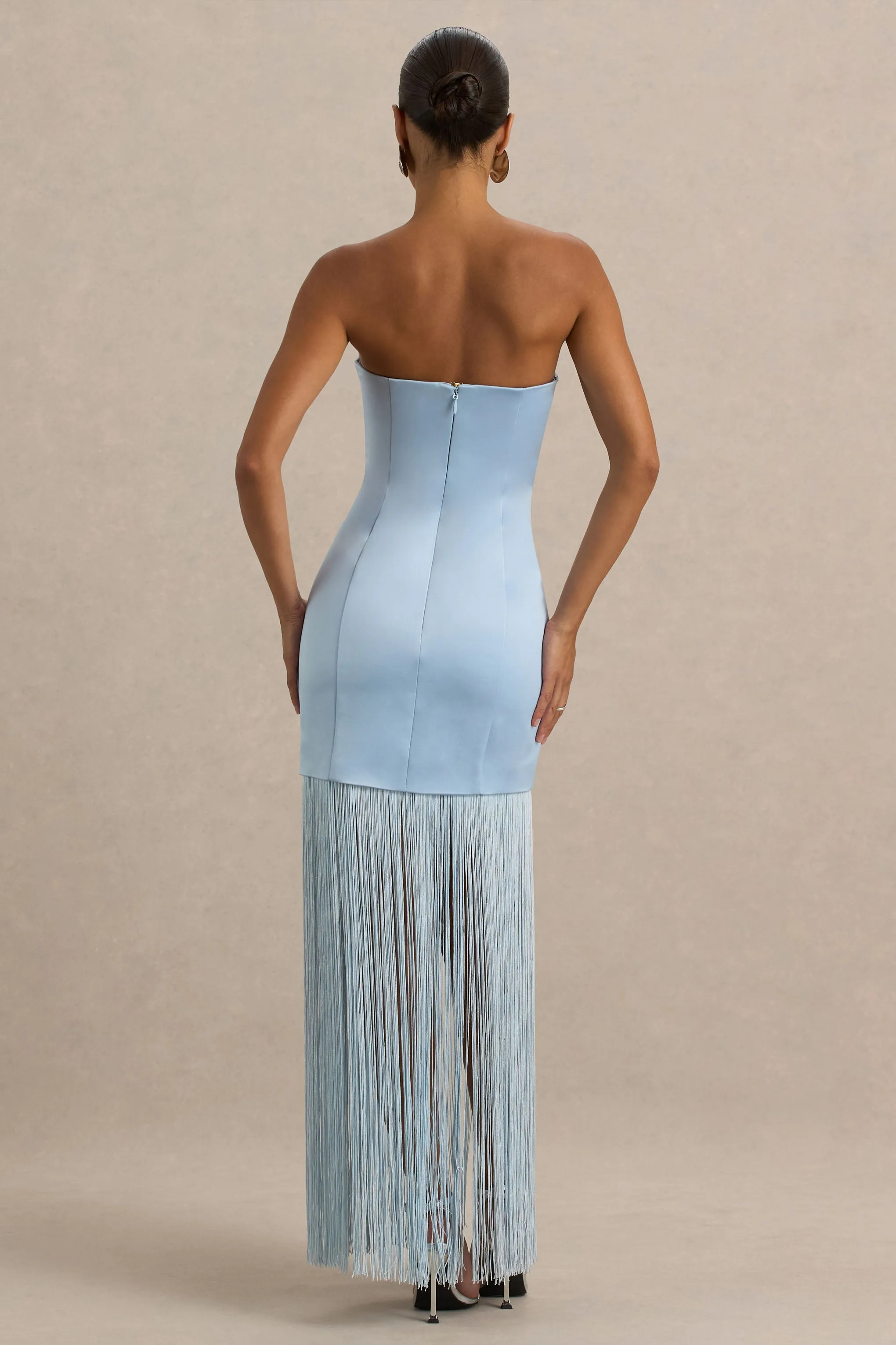 Trinity | Powder Blue Satin Bandeau Maxi Dress With Fringe sold by Club L London product image thumbnail 2