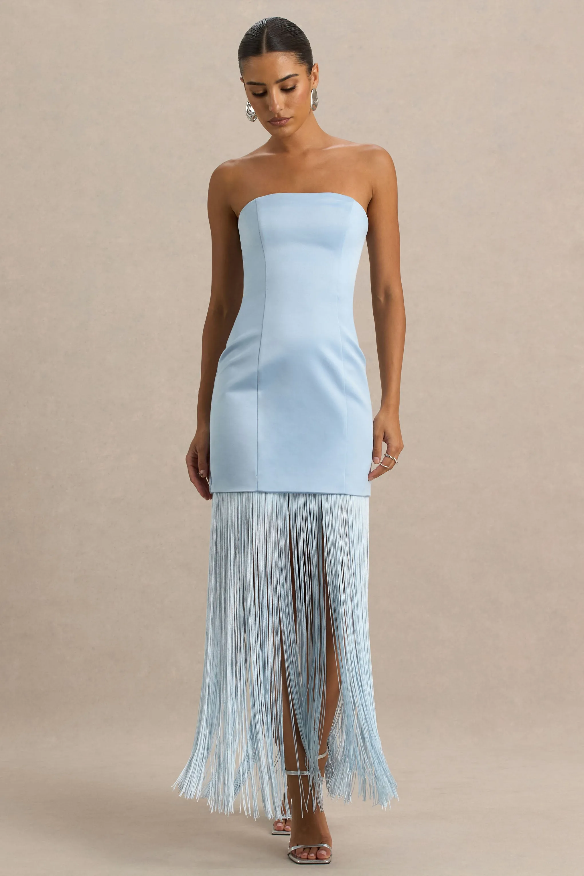 Trinity | Powder Blue Satin Bandeau Maxi Dress With Fringe sold by Club L London product image thumbnail 3