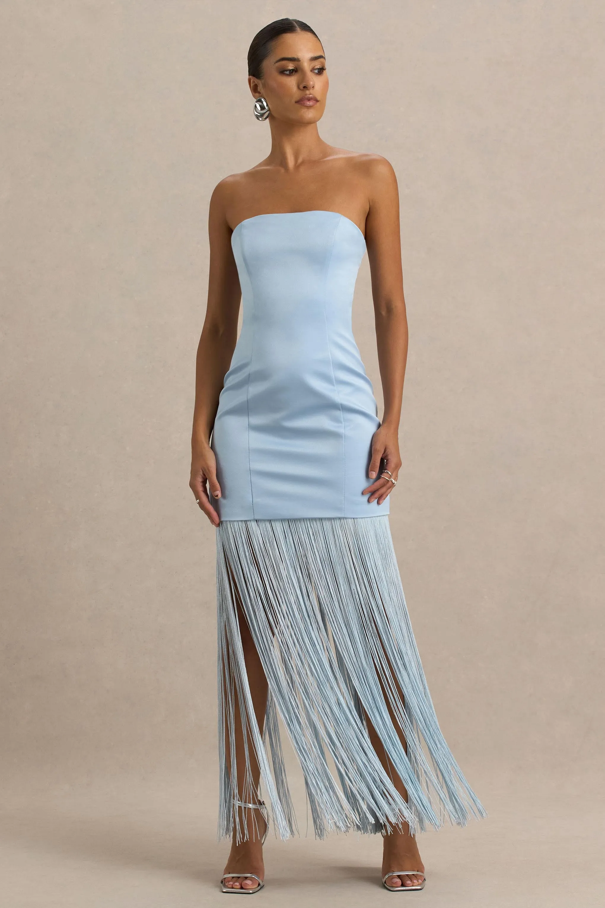 Trinity | Powder Blue Satin Bandeau Maxi Dress With Fringe sold by Club L London product image thumbnail 4