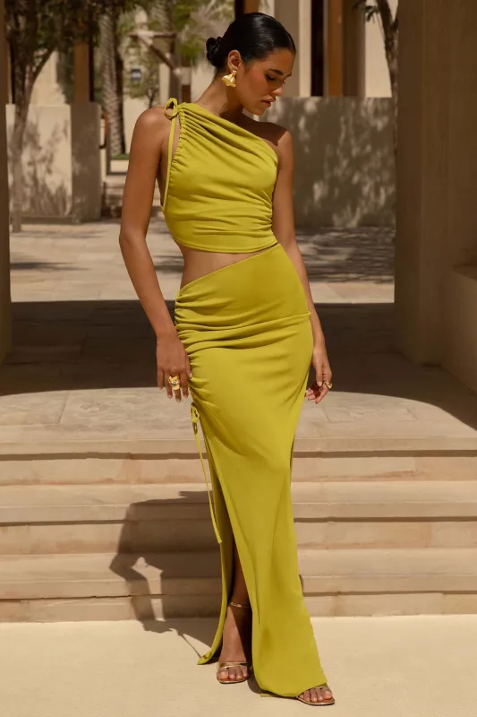 Margie | Green Maxi Skirt With Ruched Detail And Front High Split sold by Club L London