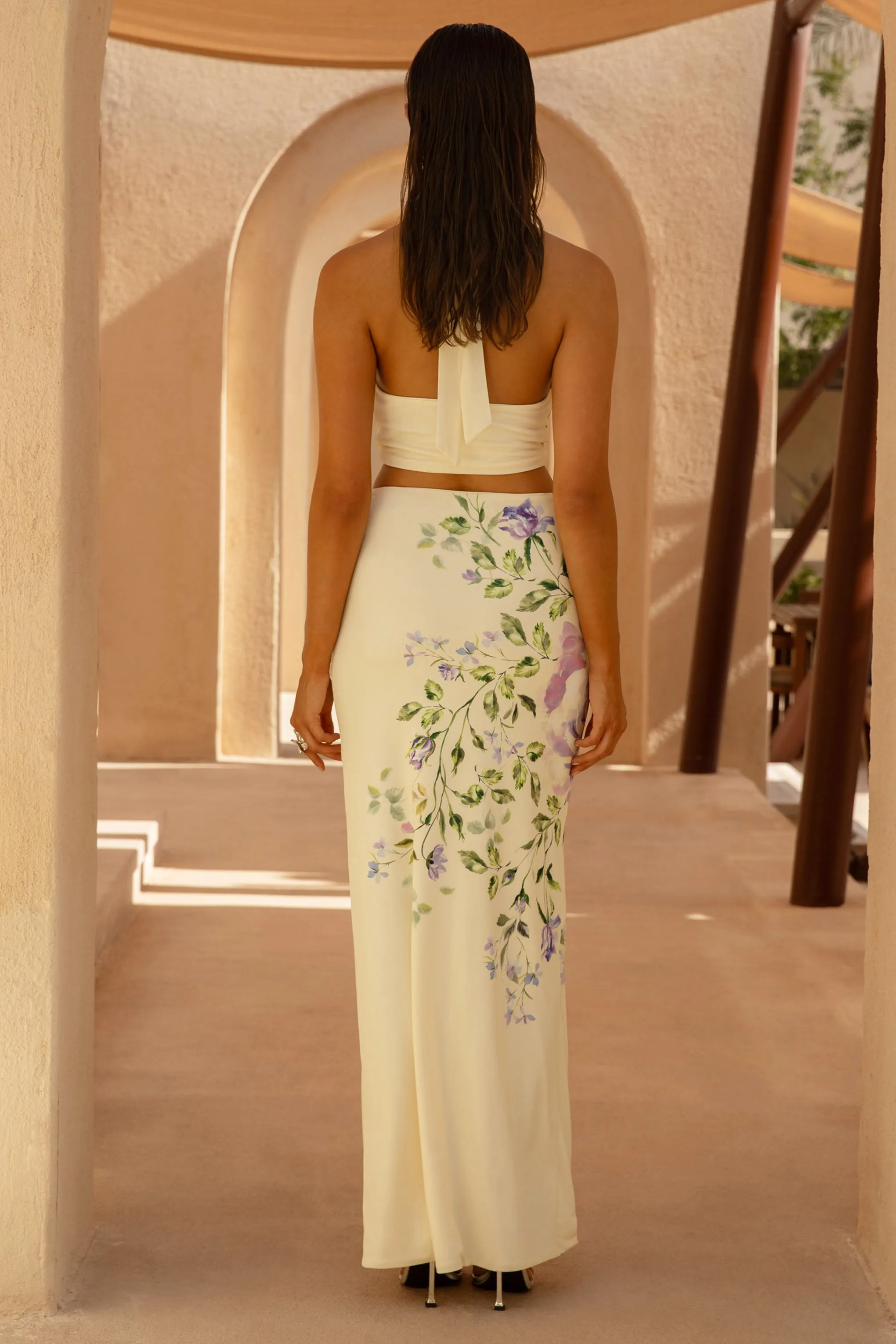 Stassi | Lilac Floral Placement Print Ruched Split Maxi Skirt sold by Club L London product image thumbnail 2